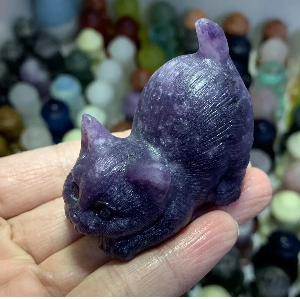 Natural Lilac Stone aka Lepidolite gemstone  Kitty cat crystal figurine