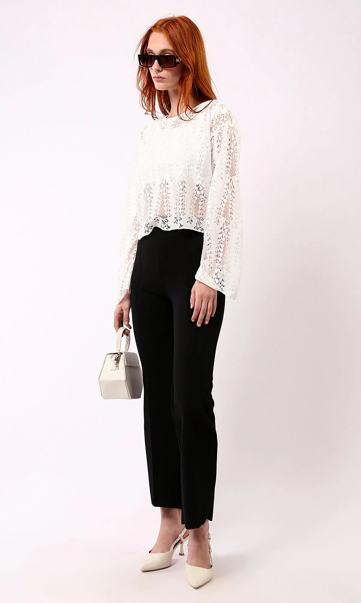 O187825 Self Pattern Slip On Off-White Perforated Blouse