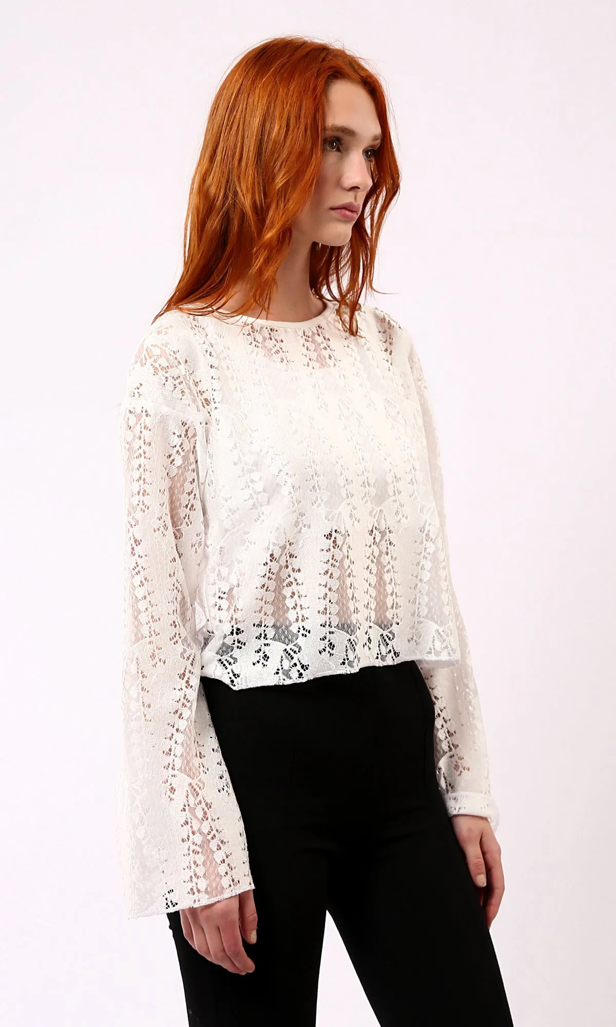 O187825 Self Pattern Slip On Off-White Perforated Blouse