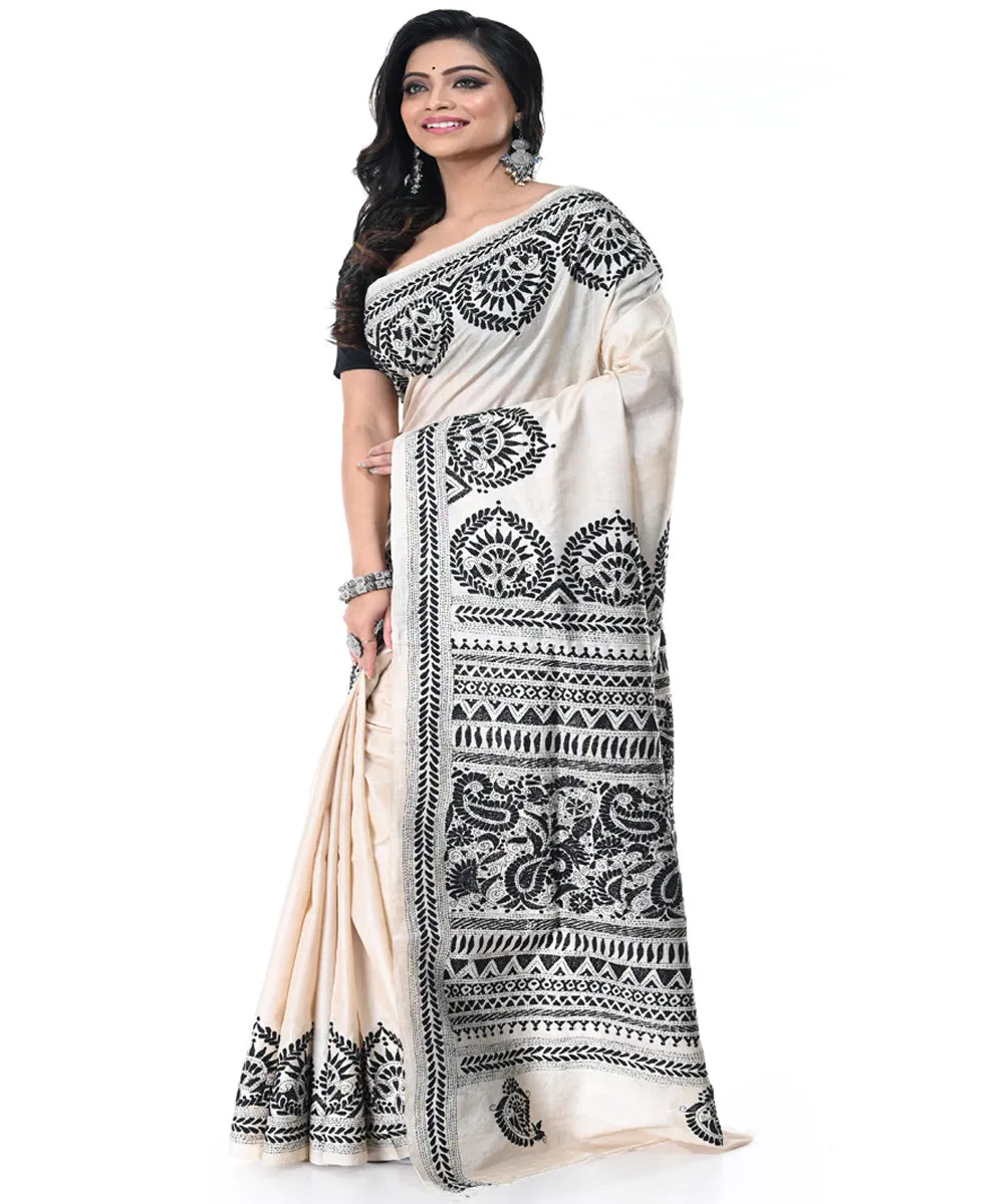 Offwhite black handwoven tussar silk kantha stitch saree