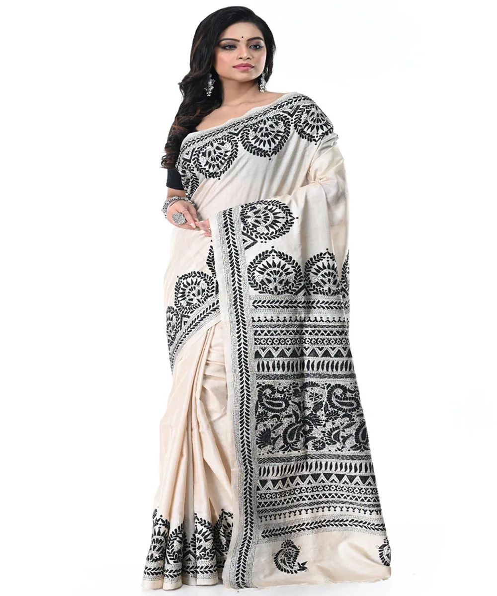 Offwhite black handwoven tussar silk kantha stitch saree