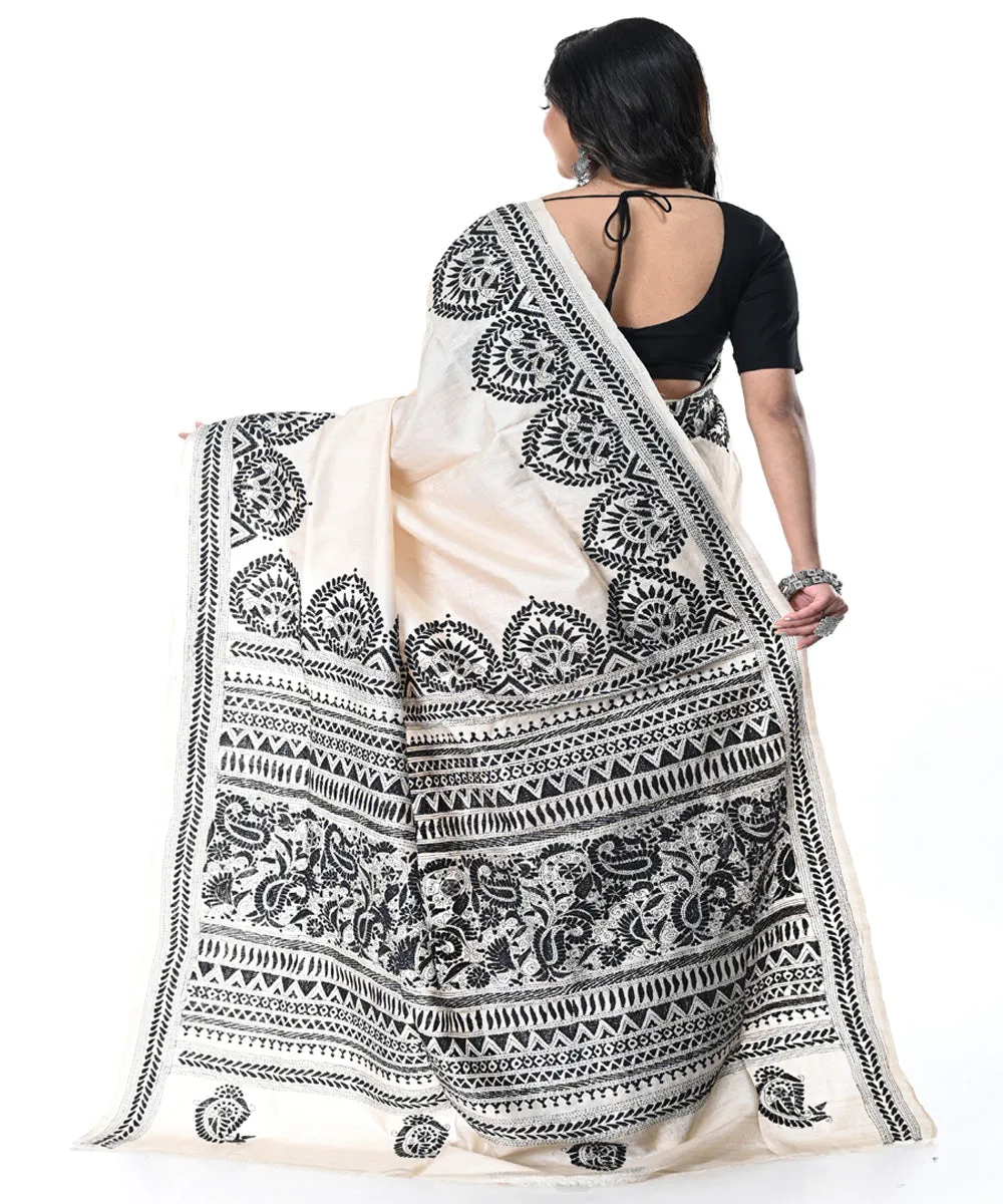 Offwhite black handwoven tussar silk kantha stitch saree