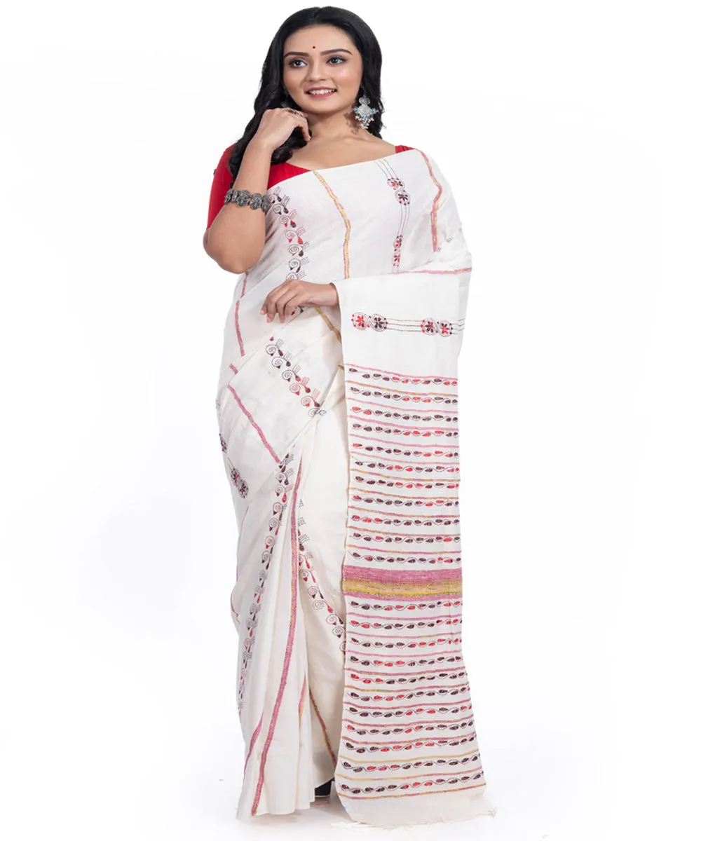 Offwhite red handwoven kantha stitch cotton saree