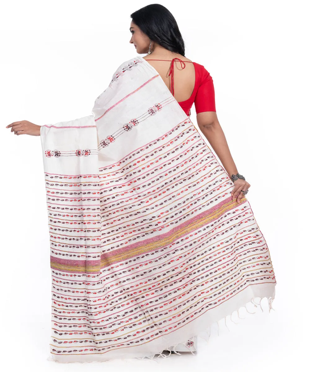 Offwhite red handwoven kantha stitch cotton saree