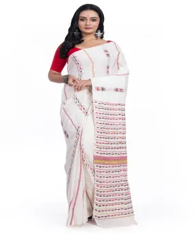 Offwhite red handwoven kantha stitch cotton saree