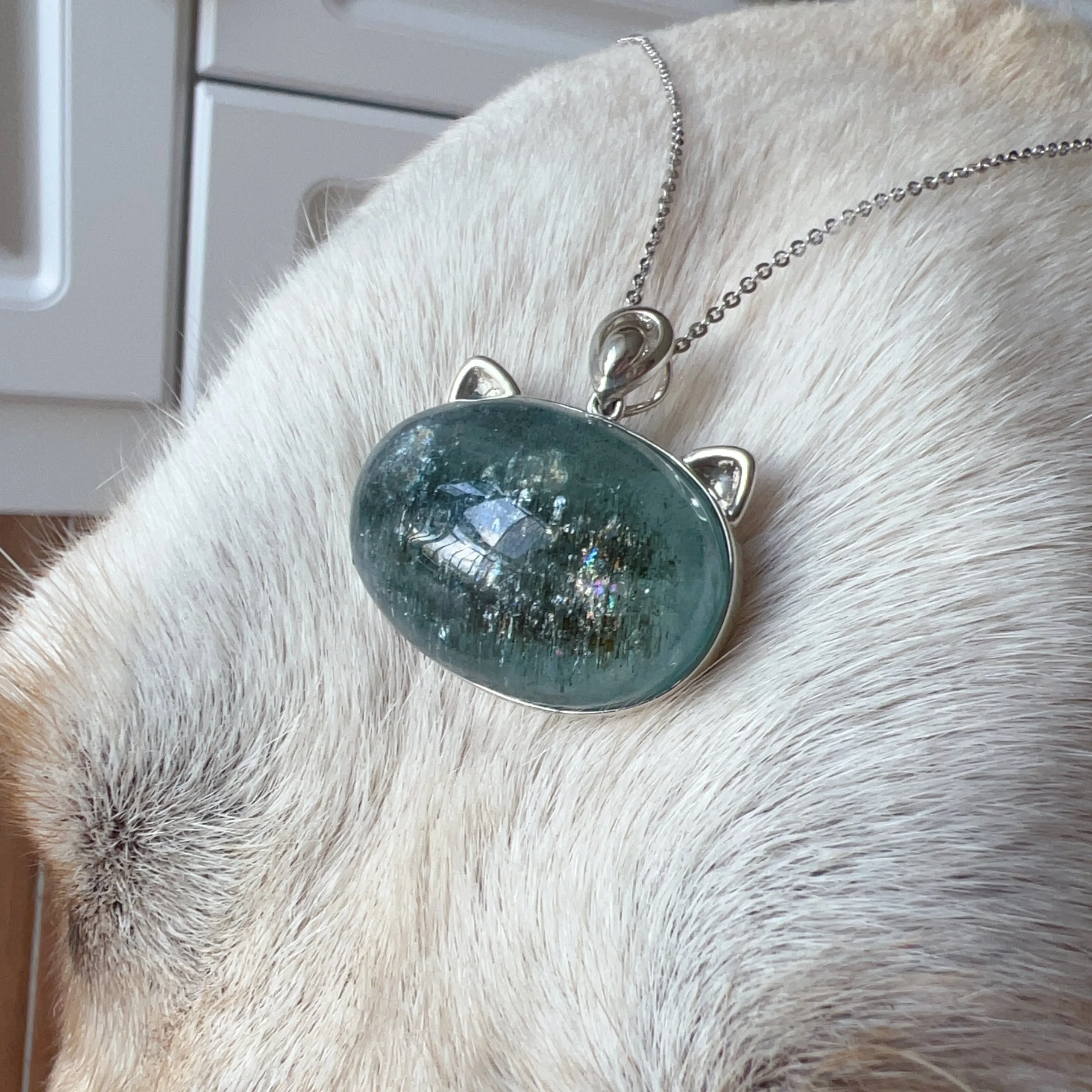 One & Only Collectible Grade Natural Spakling Mica Aquamarine Cat Pendant Necklace | Reiki Healing Stone Throat Chakra