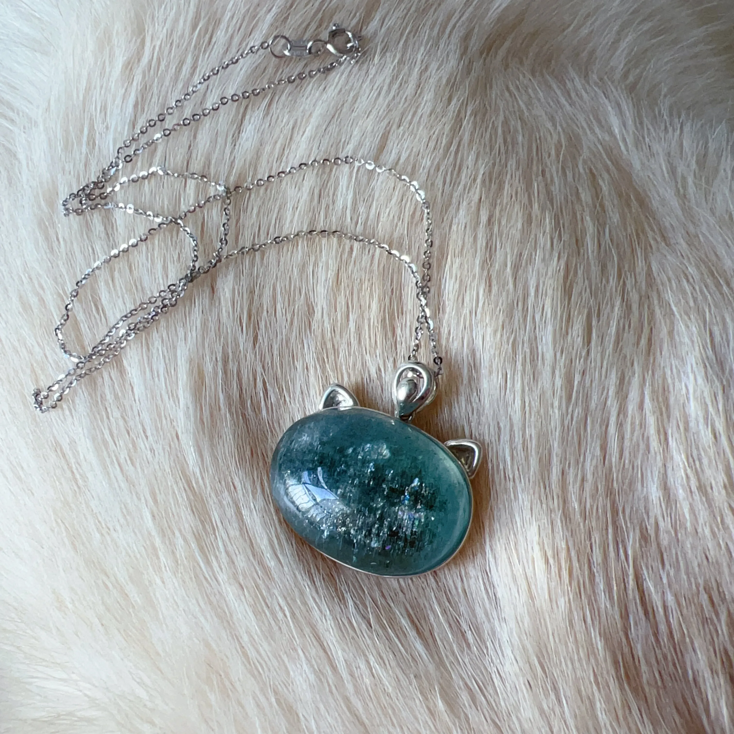 One & Only Collectible Grade Natural Spakling Mica Aquamarine Cat Pendant Necklace | Reiki Healing Stone Throat Chakra