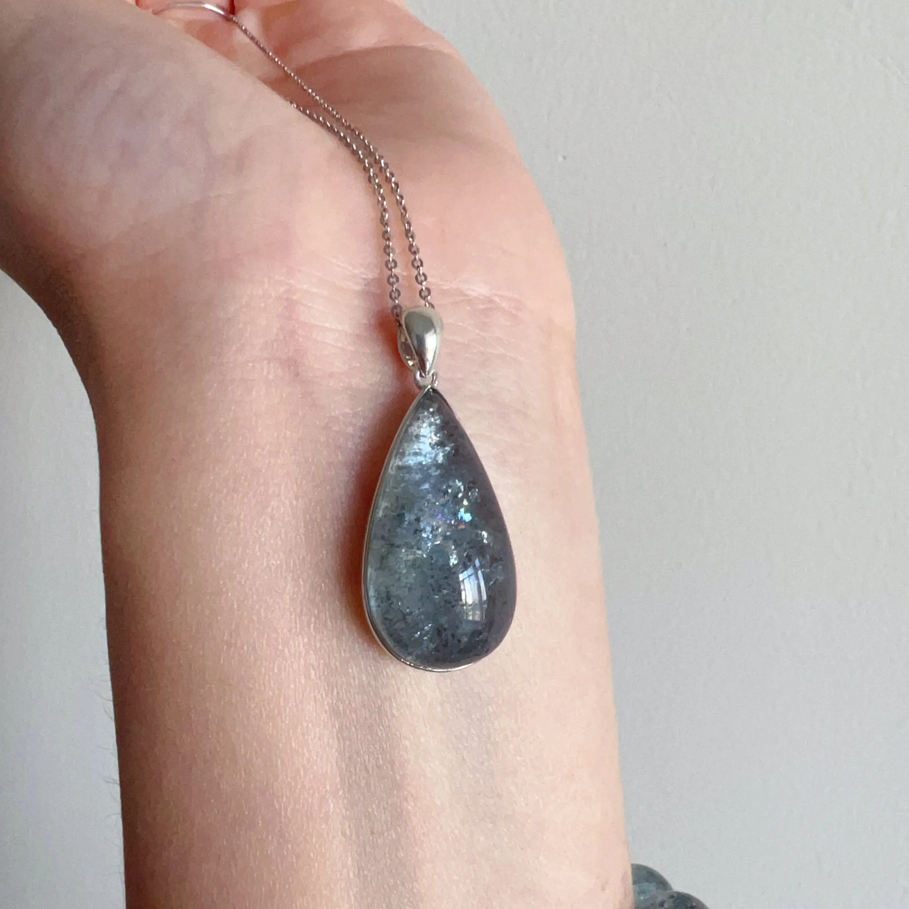 One & Only Collectible Grade Natural Spakling Mica Aquamarine Teardrop Pendant Necklace | Reiki Healing Stone Throat Chakra