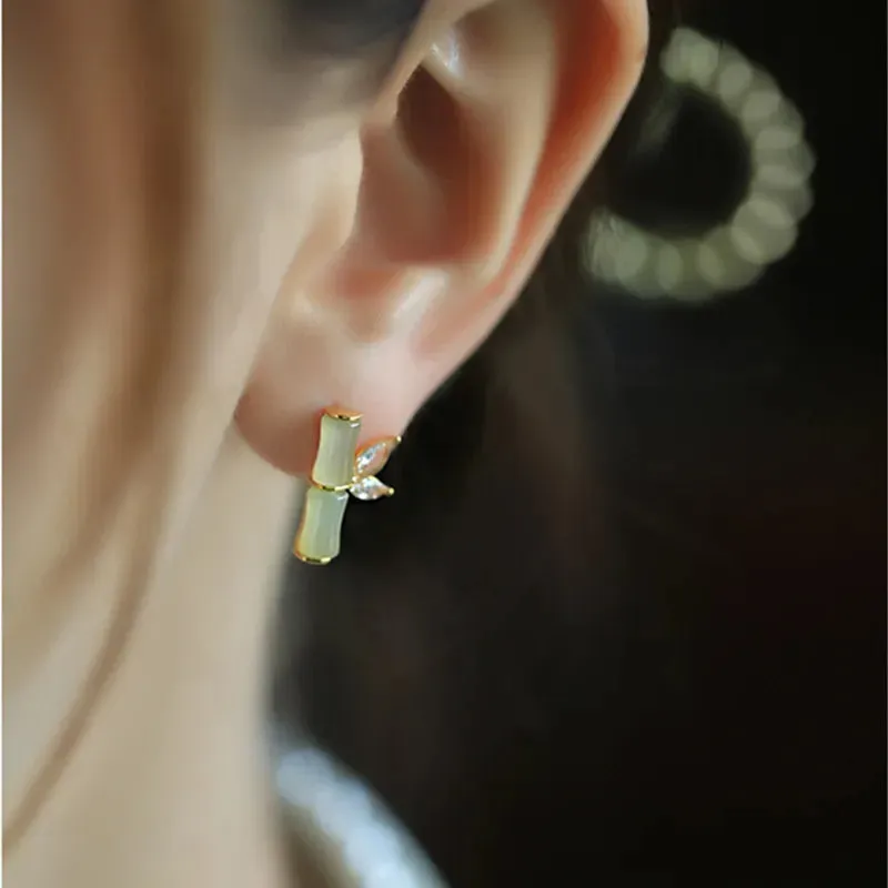 Opal Stone Bamboo Shaped Stud Earrings