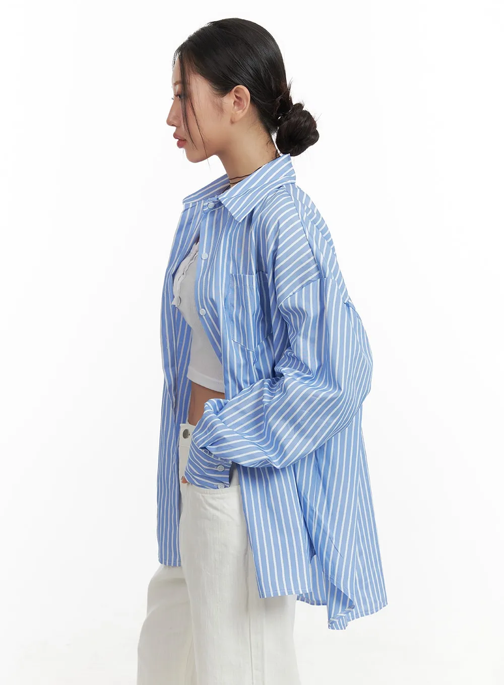 Oversized Stripe Buttoned Collar Blouse OA416