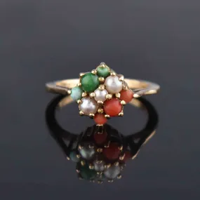 Pearl Turquoise Coral Cluster Ring in 14K Gold