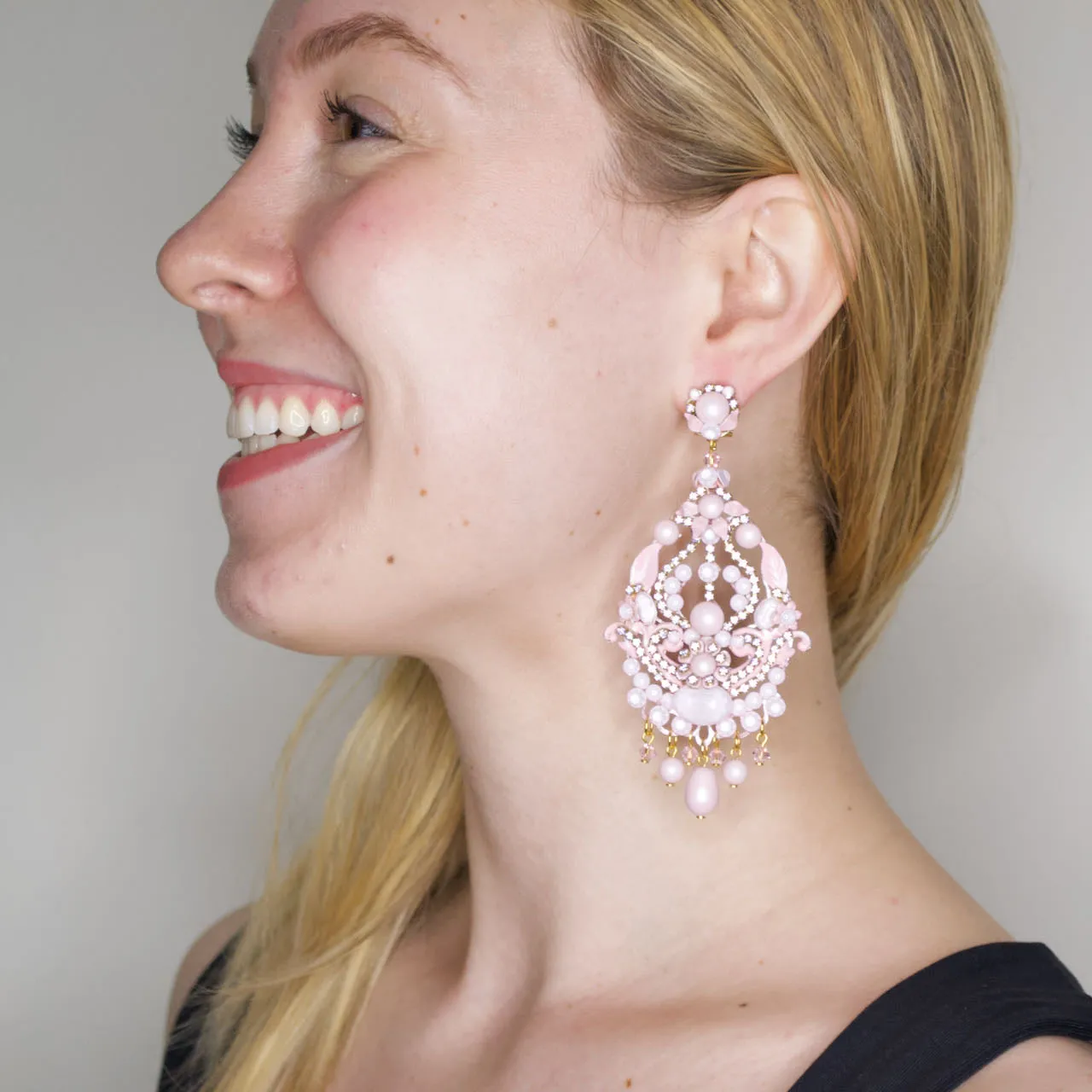 Pink Floral Swarovski Strass Chandelier Earrings by DUBLOS