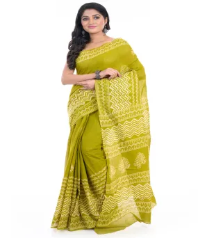 Pista green hand block printed bengal cotton saree