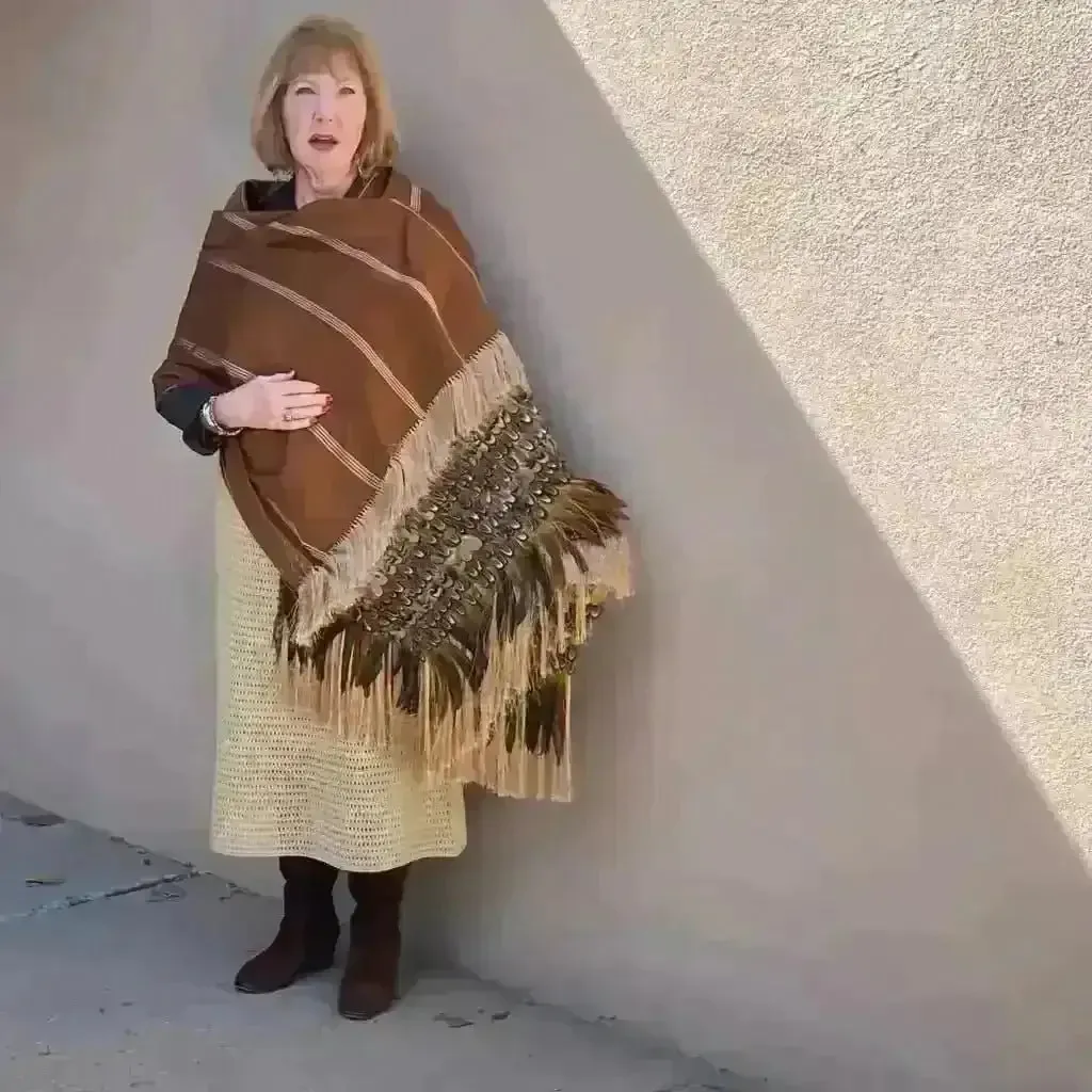 Purepecha rebozo with fringe and feathers