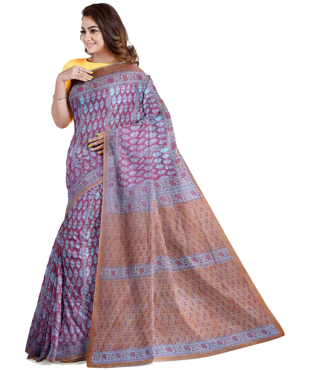 Purple cotton silk hand printed maheshwari saree