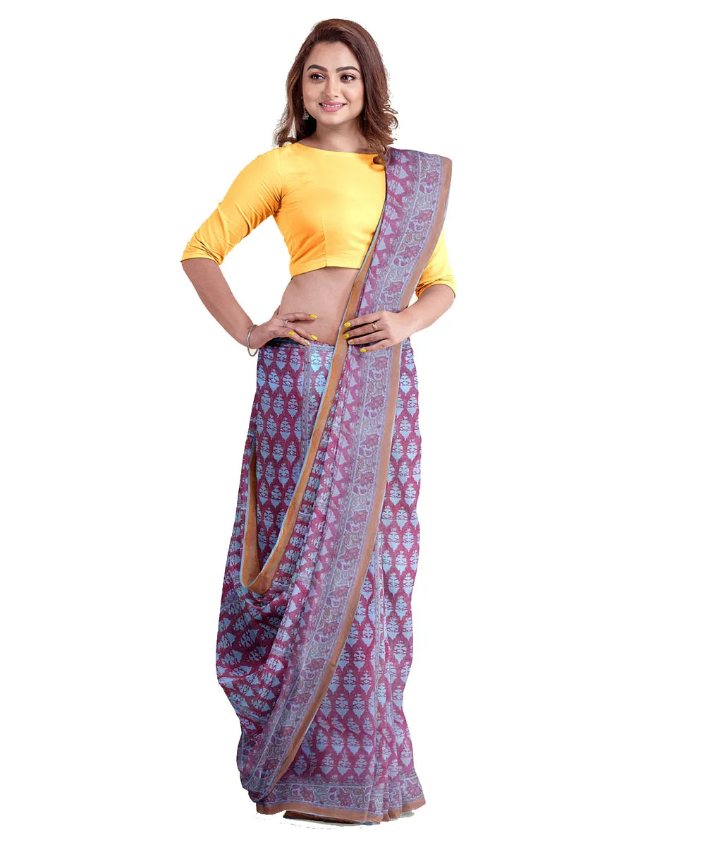 Purple cotton silk hand printed maheshwari saree