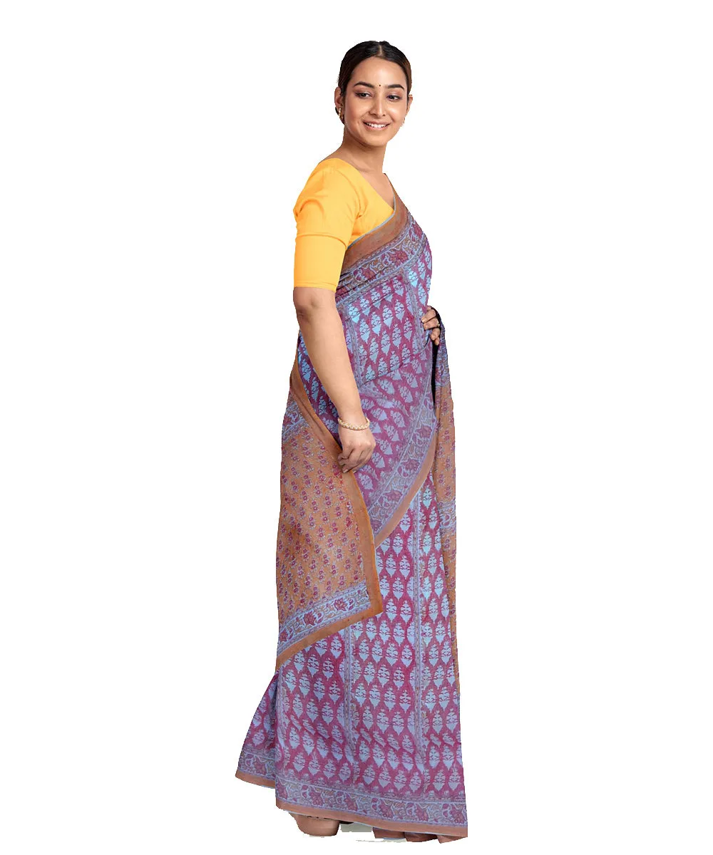 Purple cotton silk hand printed maheshwari saree