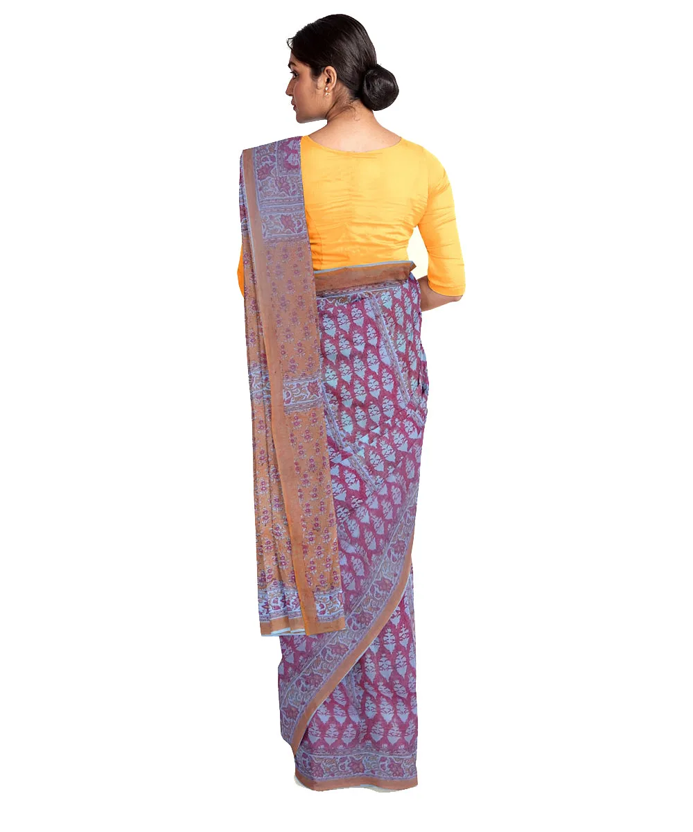 Purple cotton silk hand printed maheshwari saree