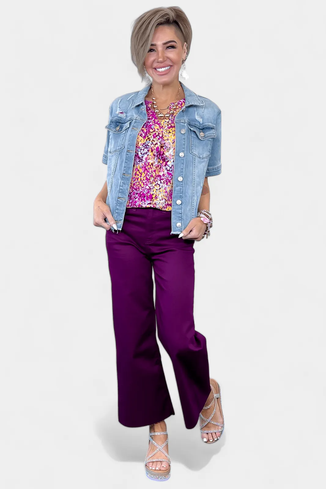 Purple Flare Cropped Denim Pants