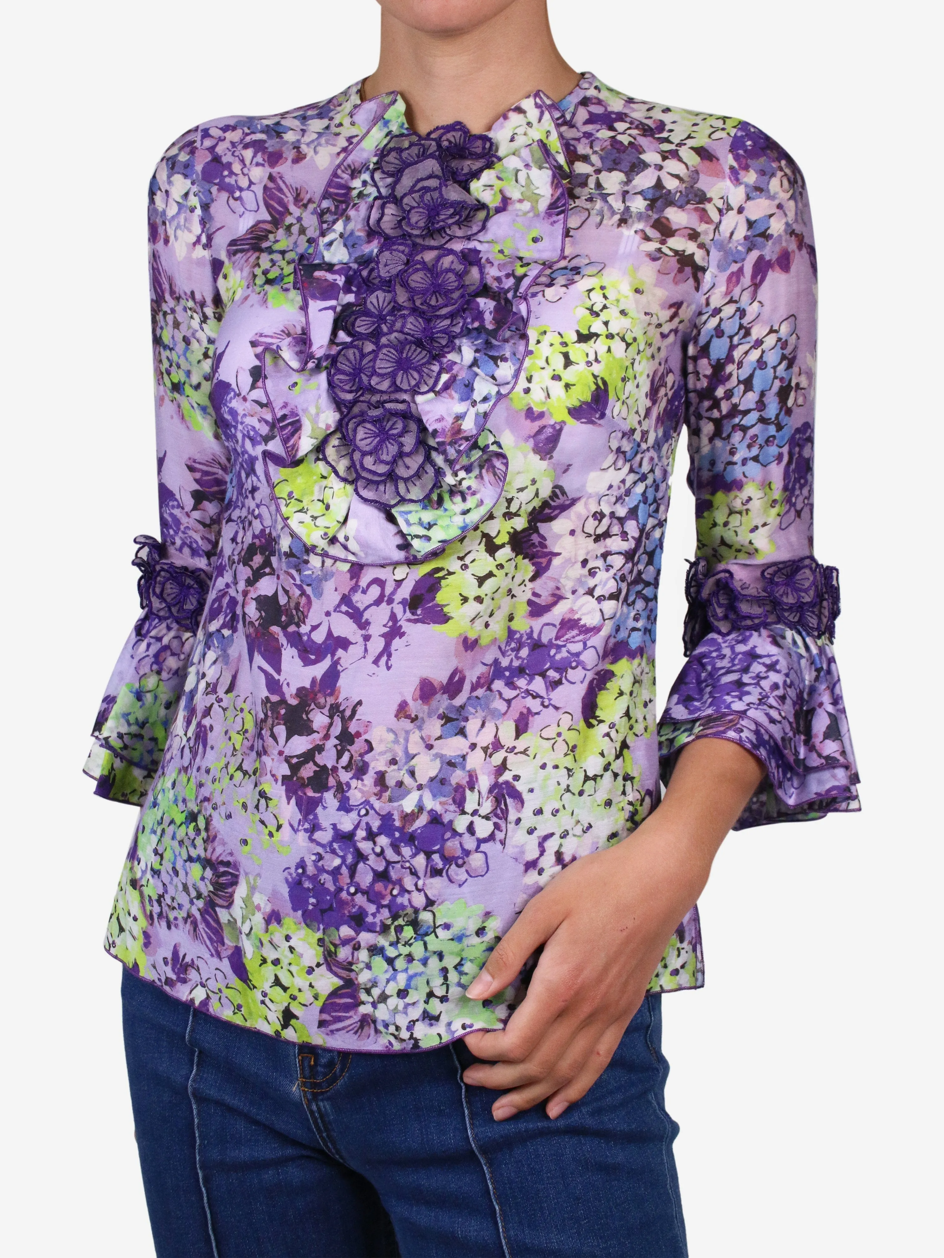 Purple floral print ruffled blouse - size FR 36