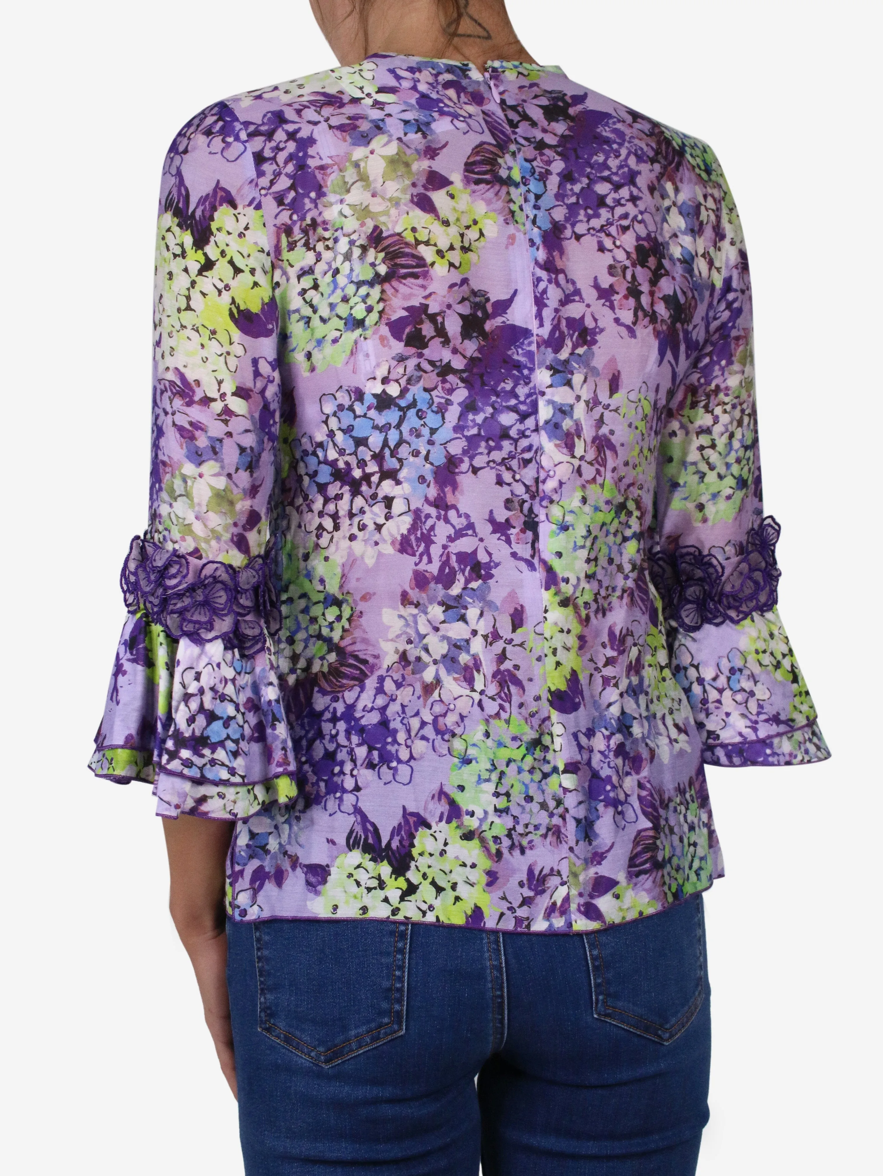 Purple floral print ruffled blouse - size FR 36