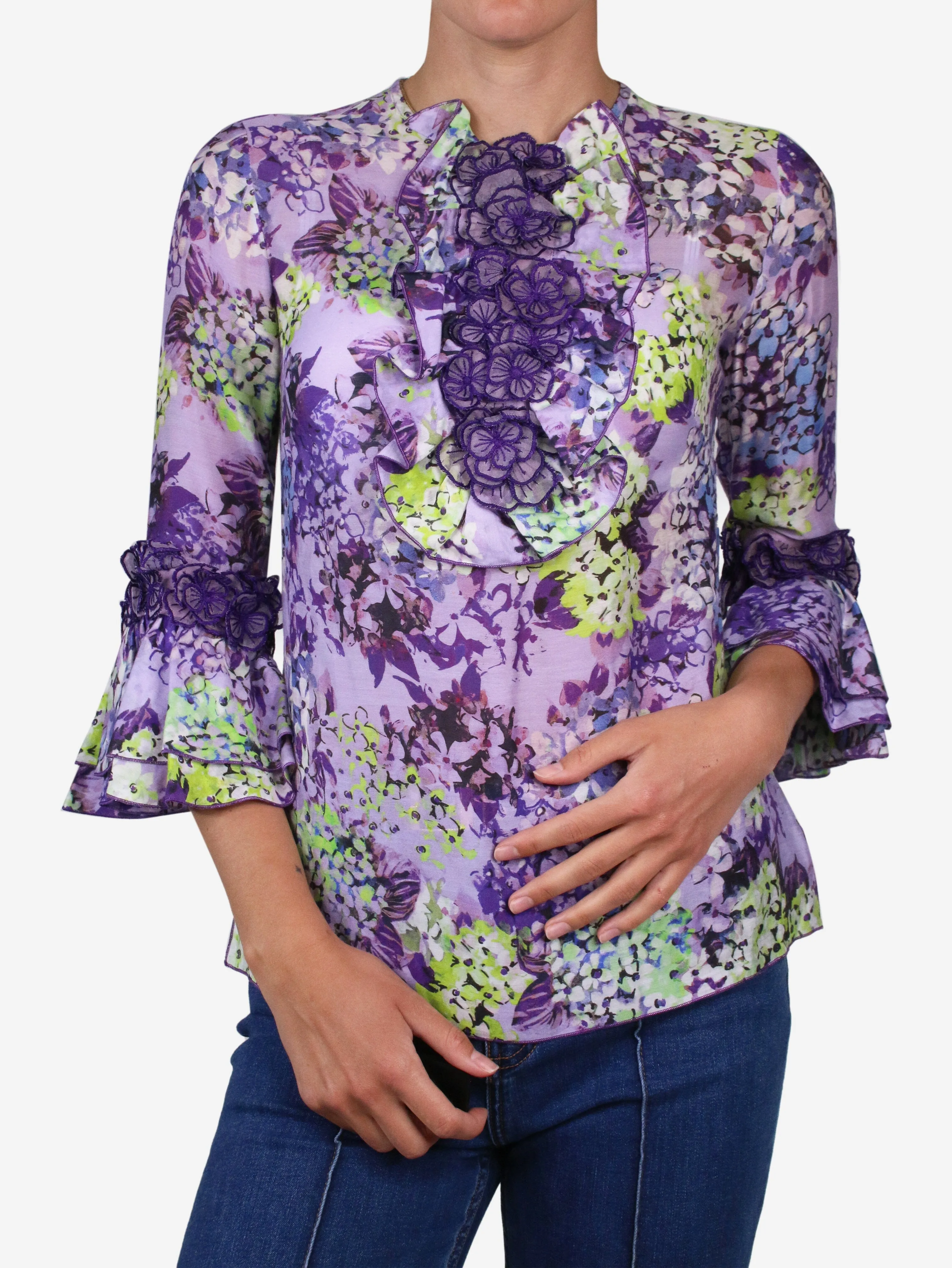 Purple floral print ruffled blouse - size FR 36