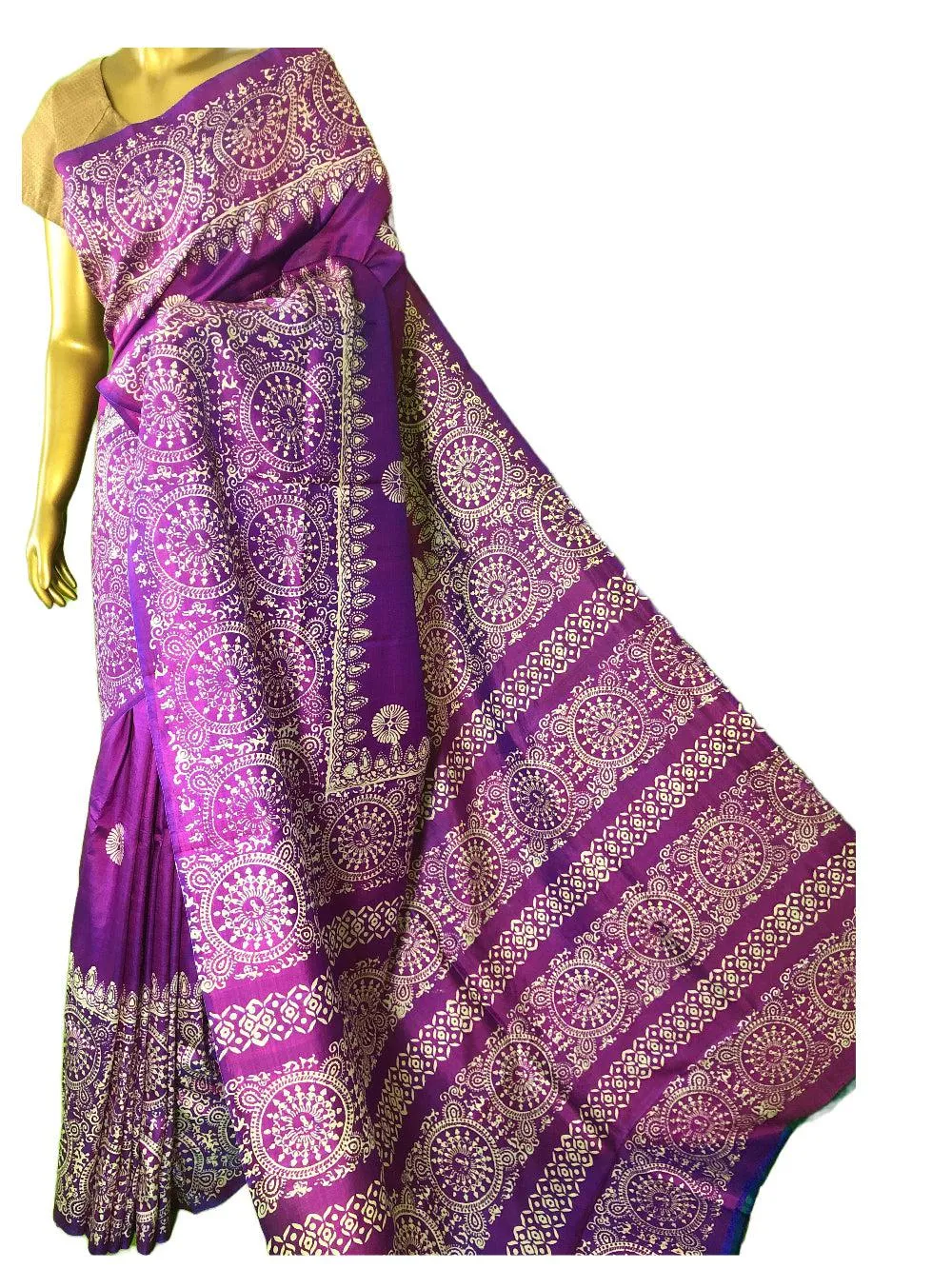 Purple Magenta Color Katan Bishnupuri Silk Saree with Block Print