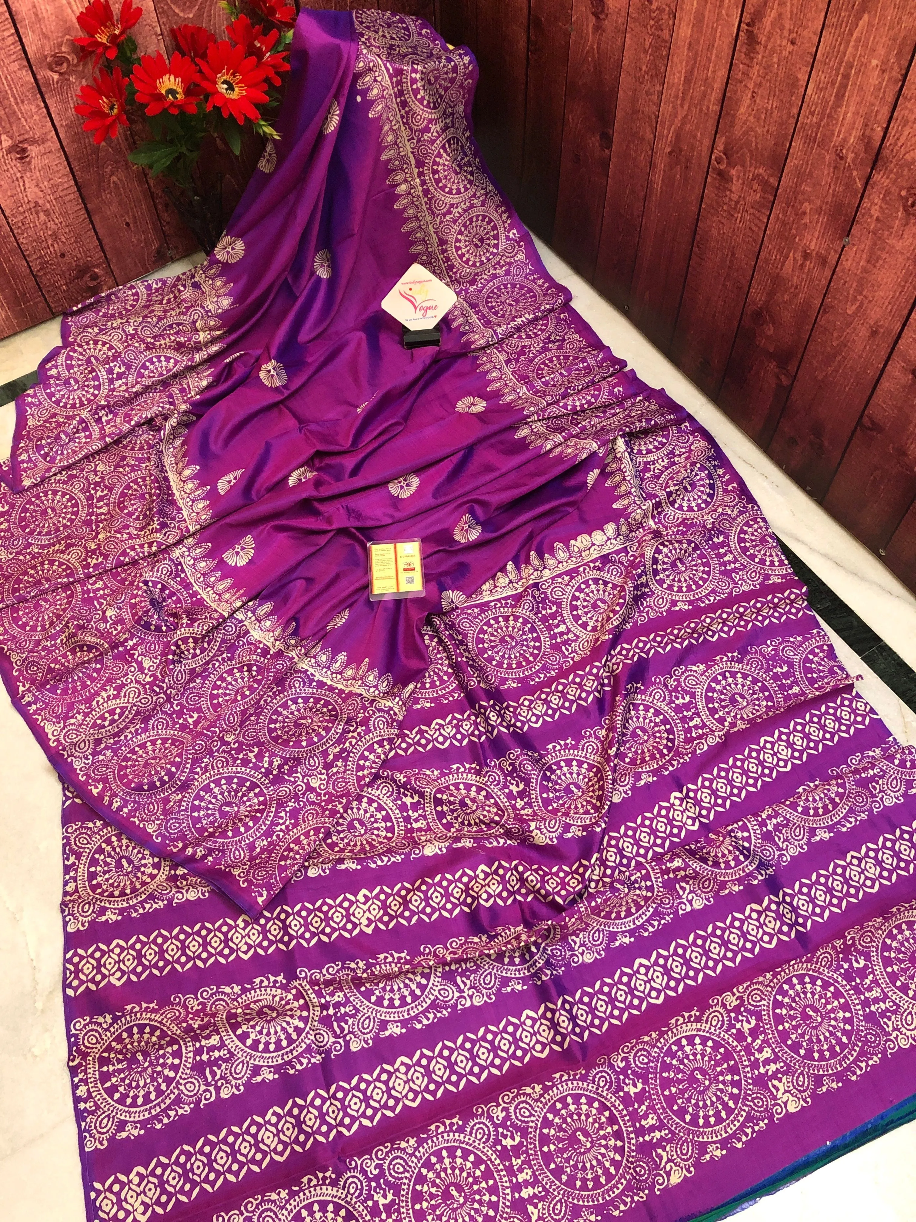 Purple Magenta Color Katan Bishnupuri Silk Saree with Block Print