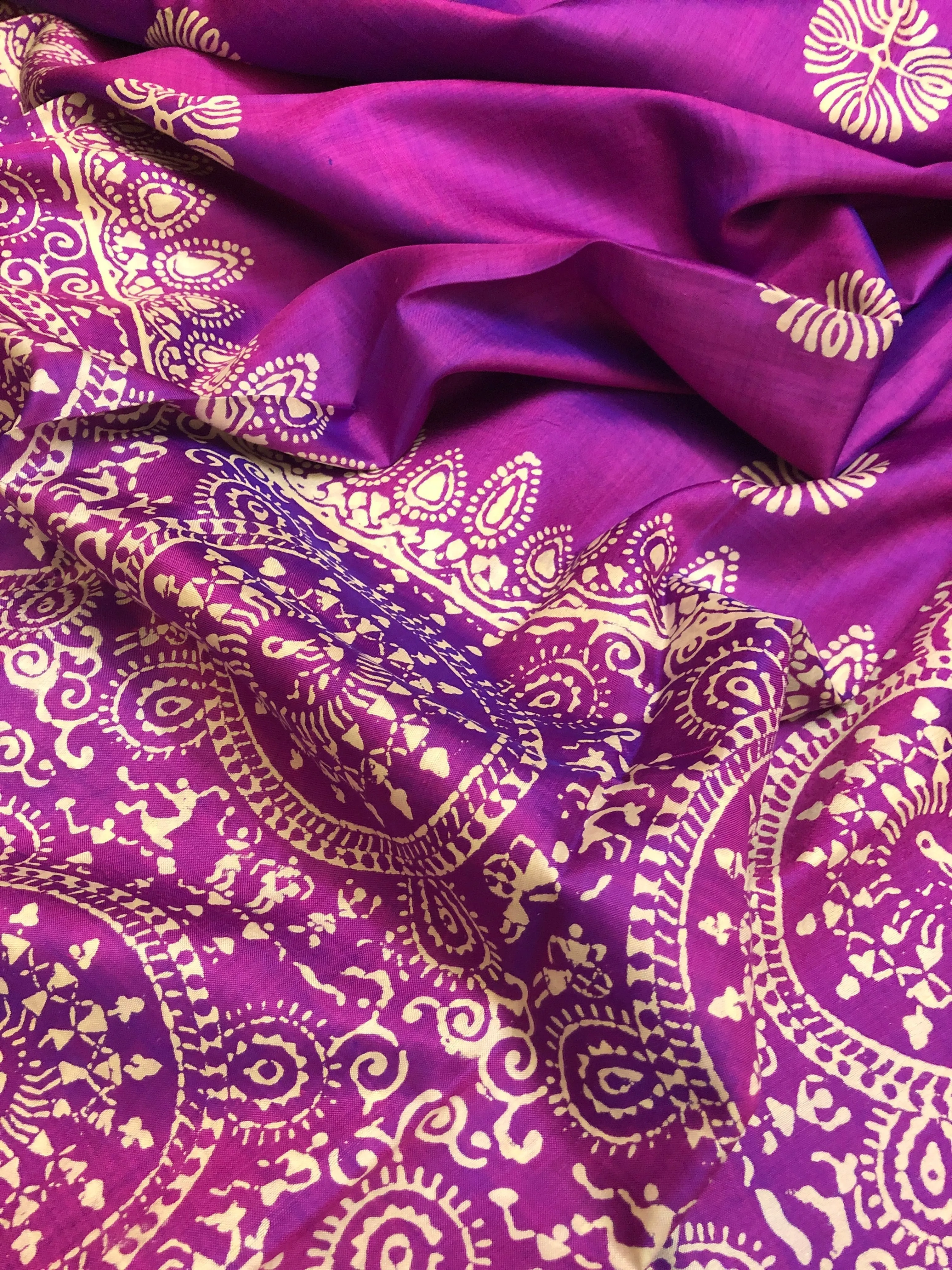 Purple Magenta Color Katan Bishnupuri Silk Saree with Block Print