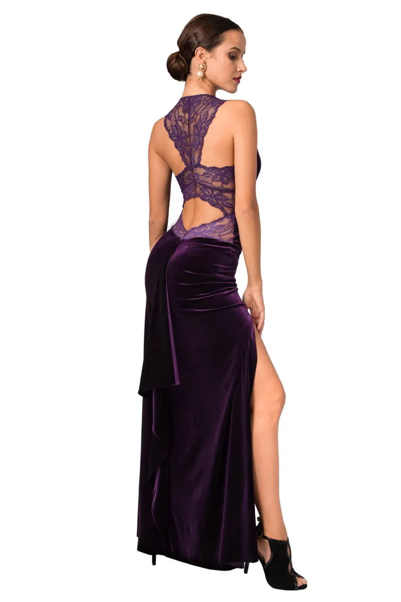 Purple Velvet Maxi Dress with Lace Back