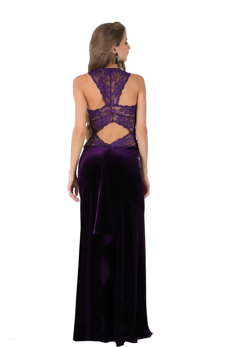 Purple Velvet Maxi Dress with Lace Back