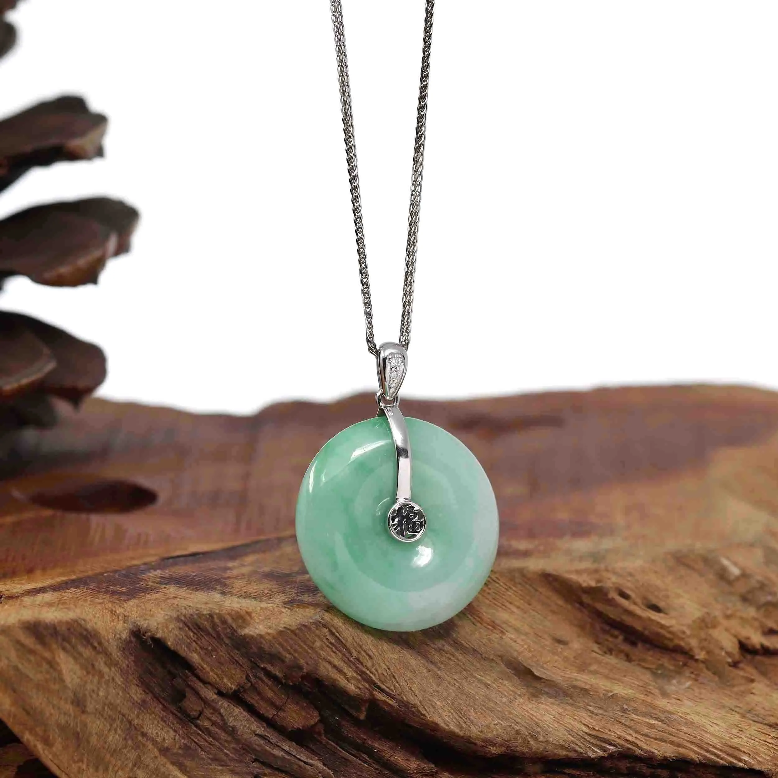 "Good Luck Button" Green Jadeite Jade Lucky KouKou Pendant With 14K White Gold Diamond Bail