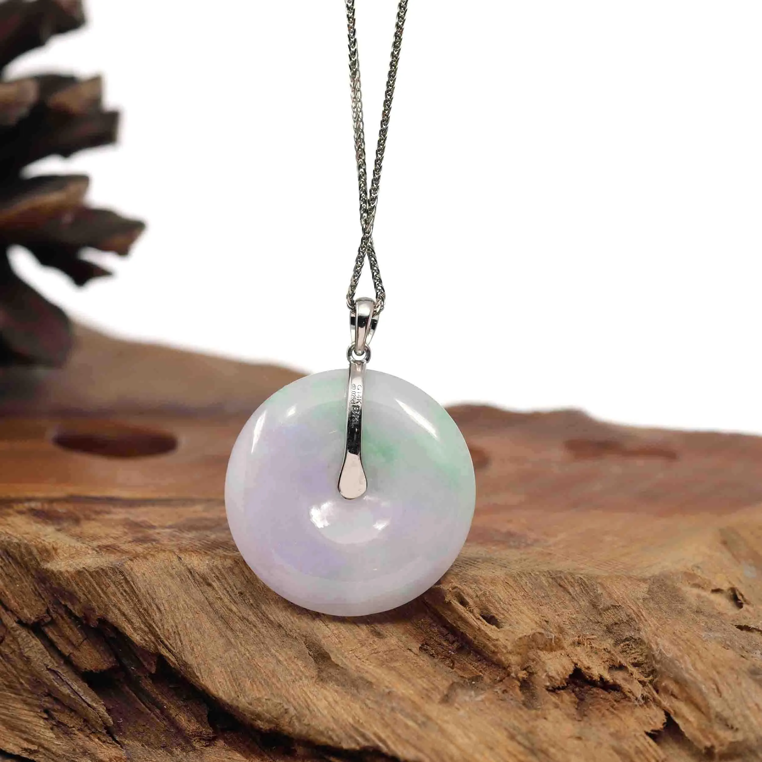 "Good Luck Button" Lavender Jadeite Jade Lucky KouKou Pendant With 14K White Gold Diamond Bail