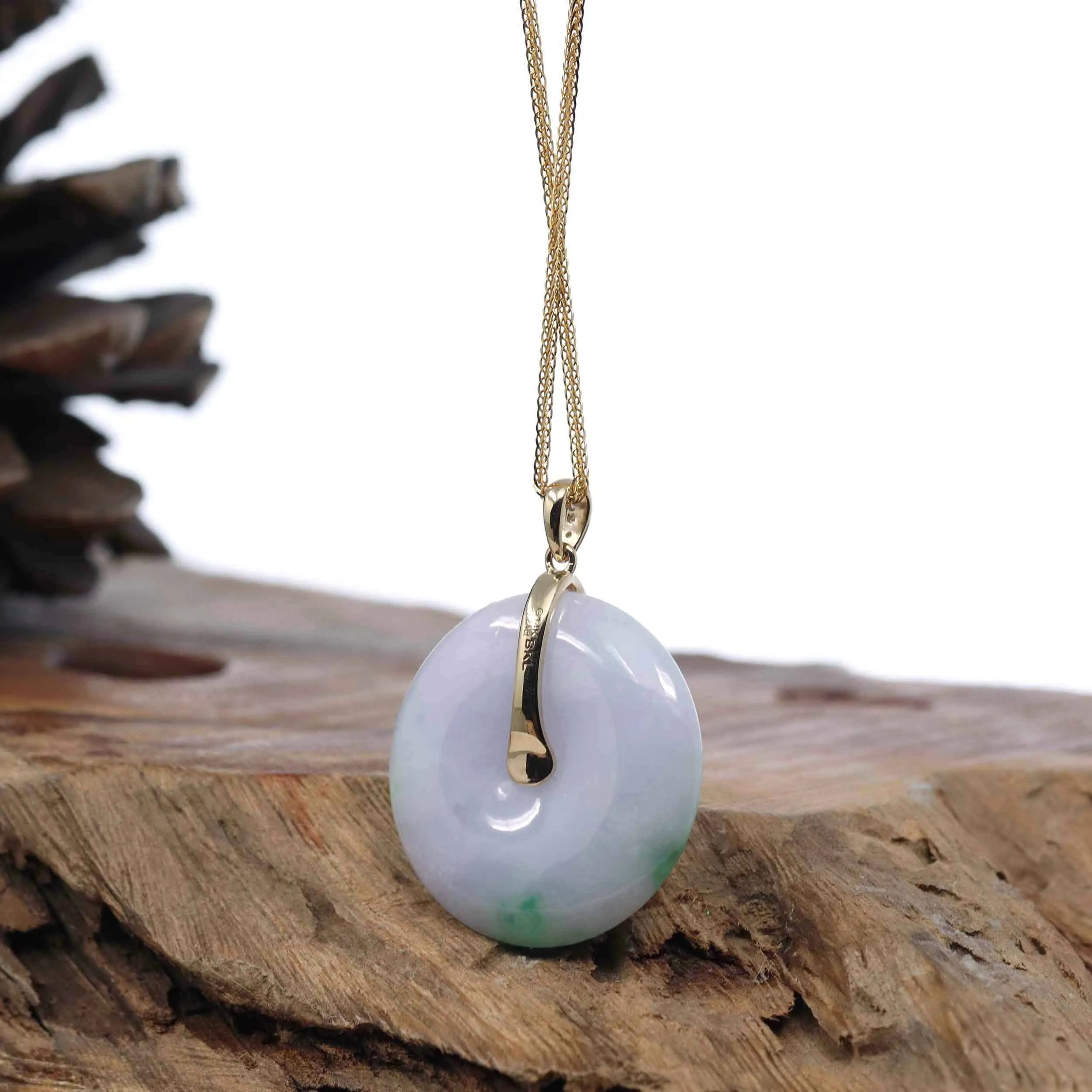 "Good Luck Button" Lavender Jadeite Jade Lucky KouKou Pendant With 14K Yellow Gold  Diamond Bail