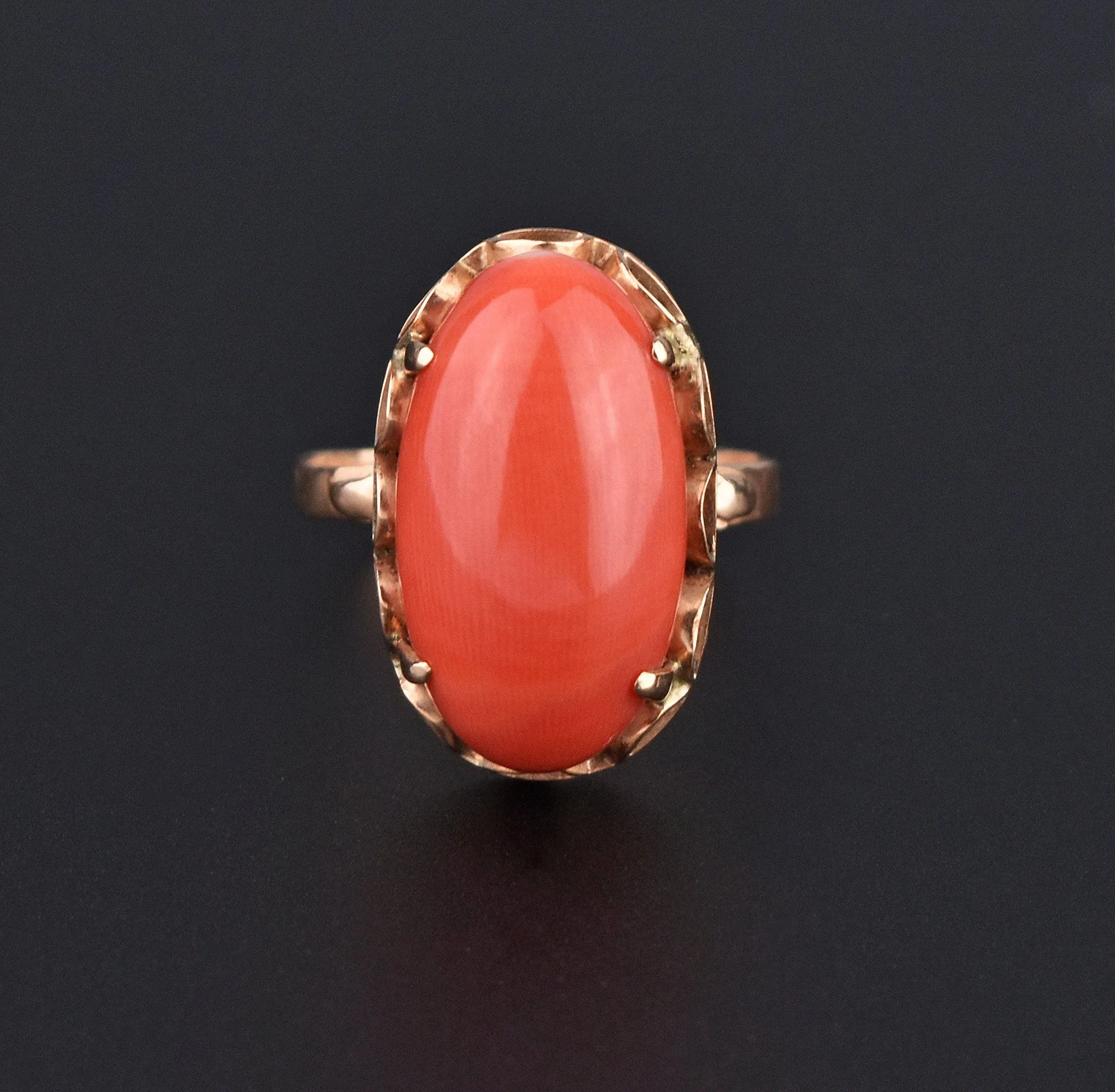 Retro Large Natural Coral Oval 14K Gold Ring