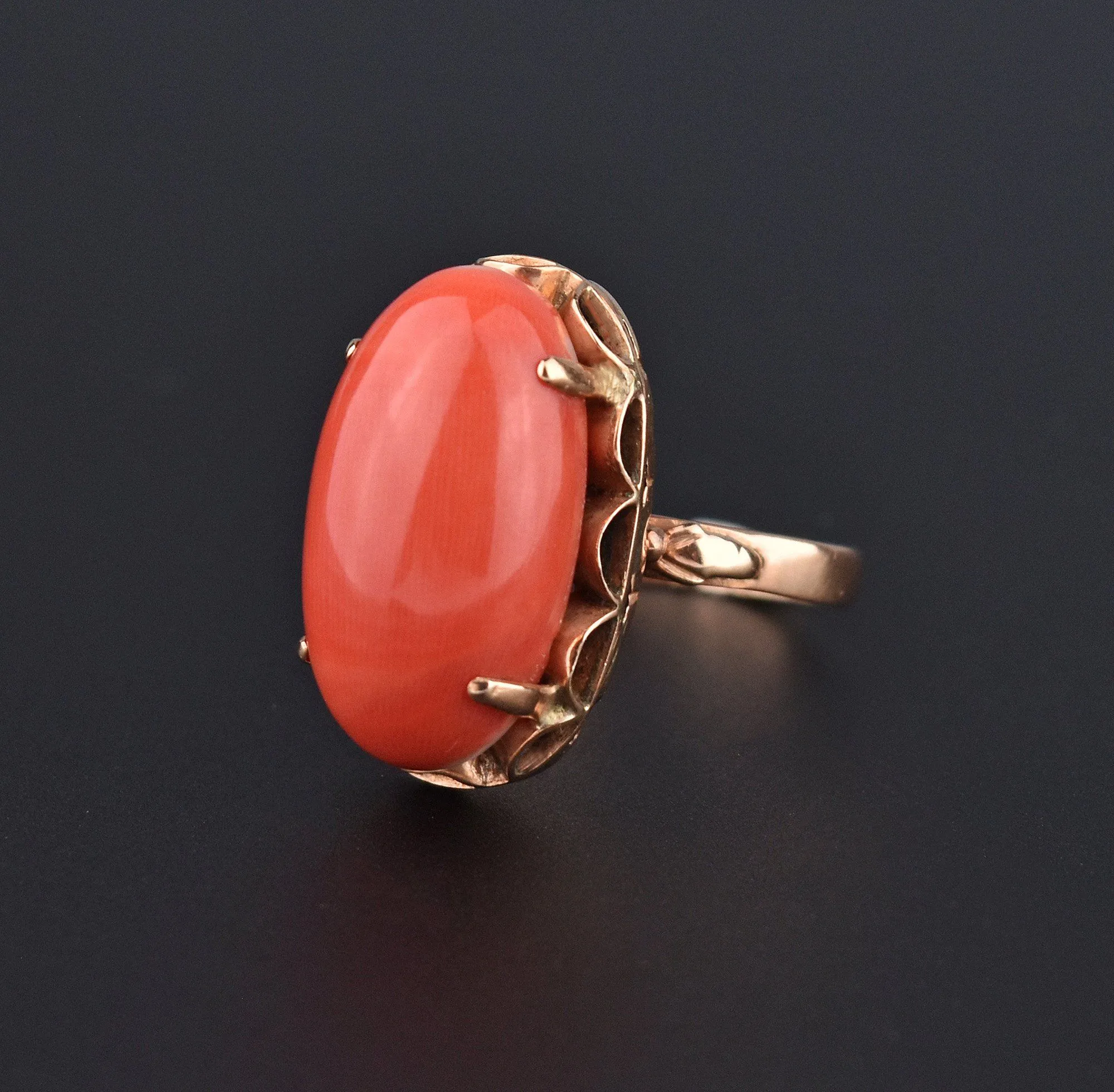 Retro Large Natural Coral Oval 14K Gold Ring