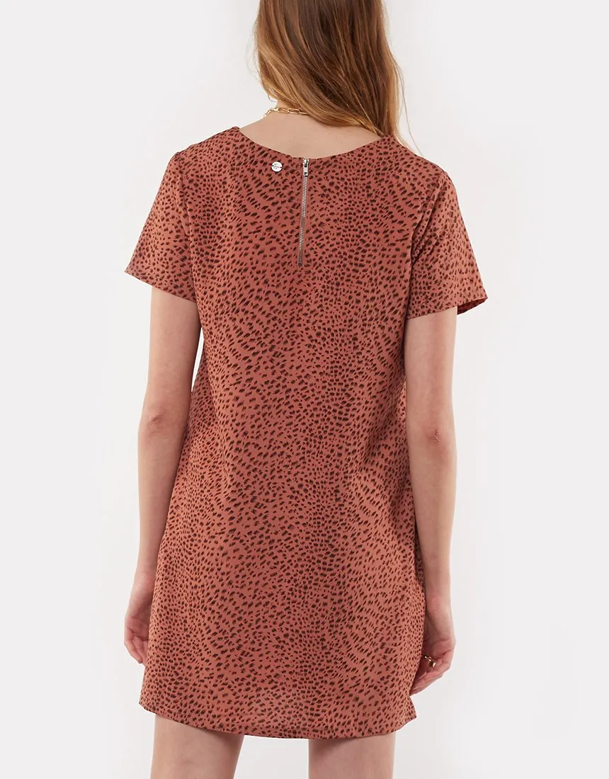 Roaming Leopard Print SS Rust Shift Dress