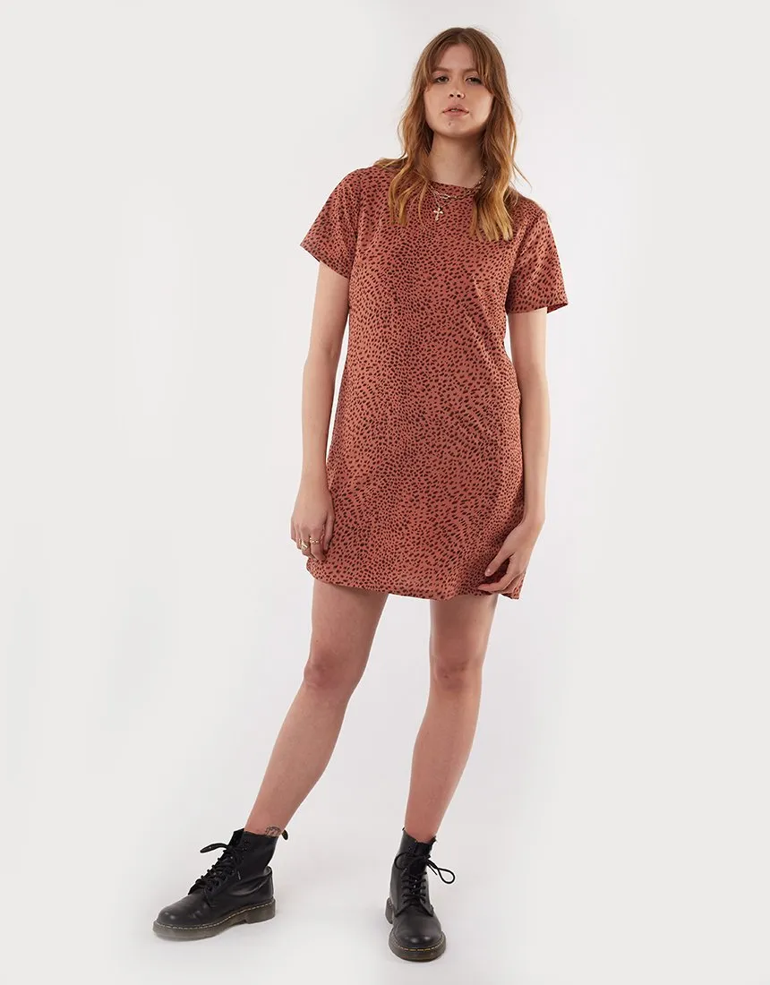 Roaming Leopard Print SS Rust Shift Dress