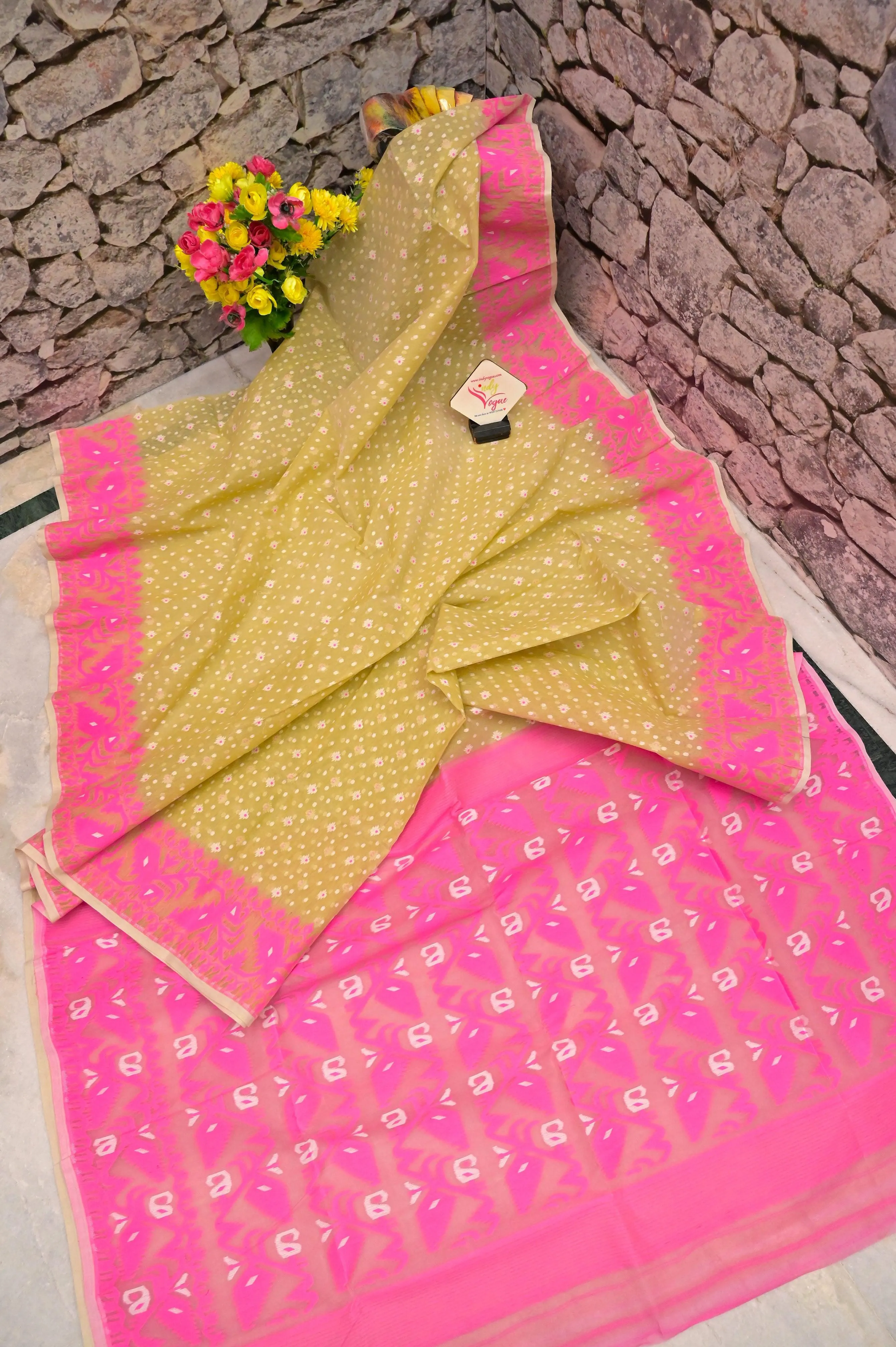 Roasted Pista Color Jamdani Saree with Hand Embroidered Blouse Piece