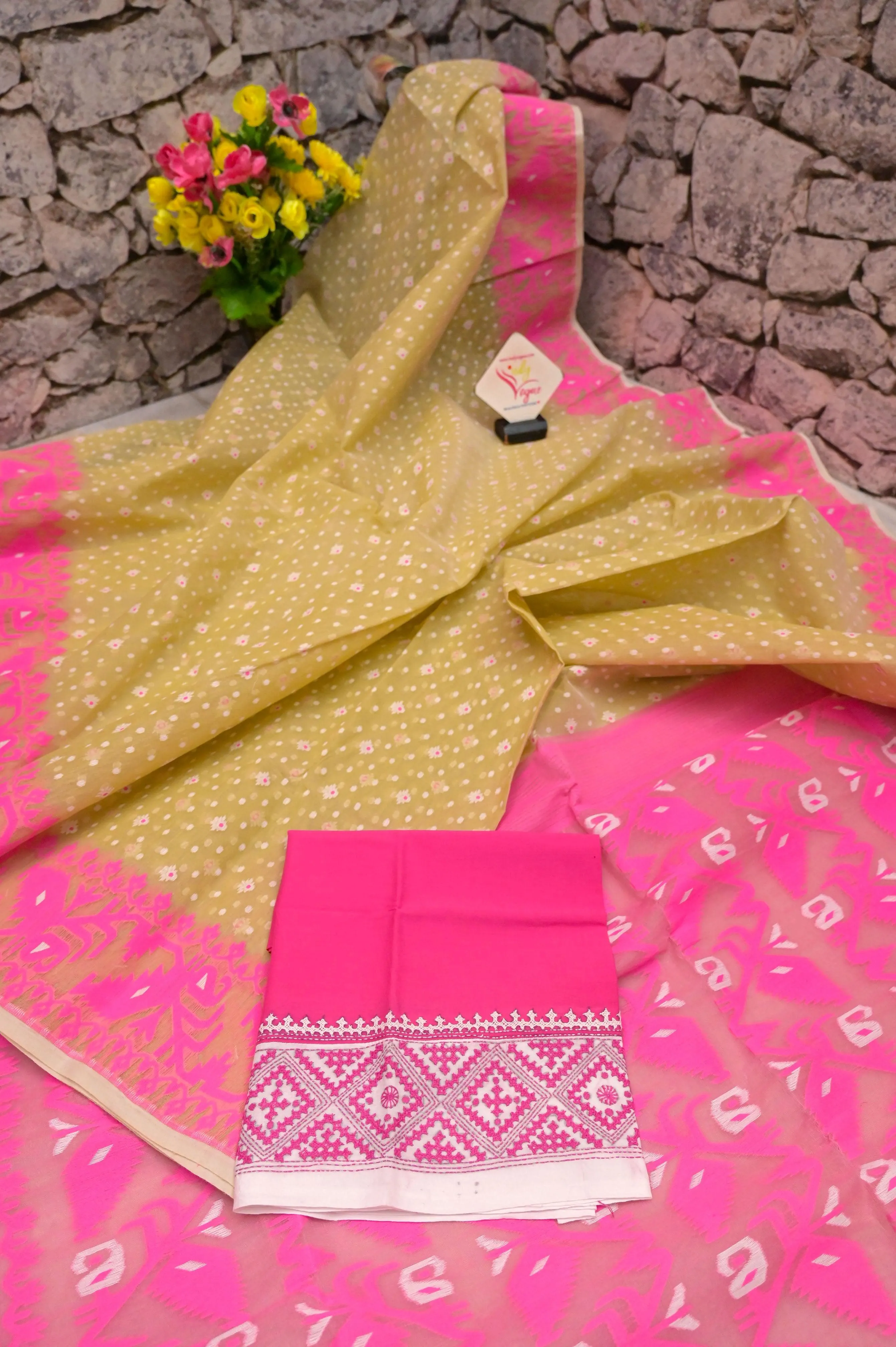 Roasted Pista Color Jamdani Saree with Hand Embroidered Blouse Piece