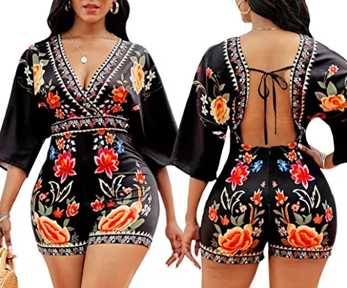 Rompers for Women Summer Dressy Half Sleeve Backless Top Jumpsuit Casual V Neck Floral Print Loose One Piece Outfit