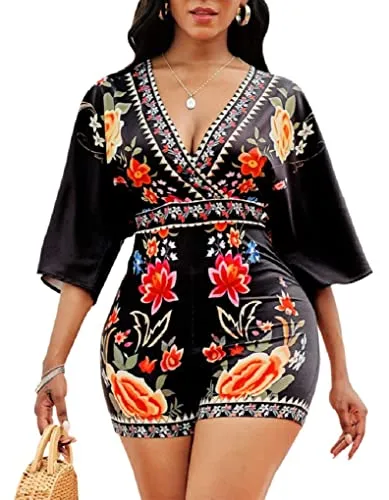 Rompers for Women Summer Dressy Half Sleeve Backless Top Jumpsuit Casual V Neck Floral Print Loose One Piece Outfit