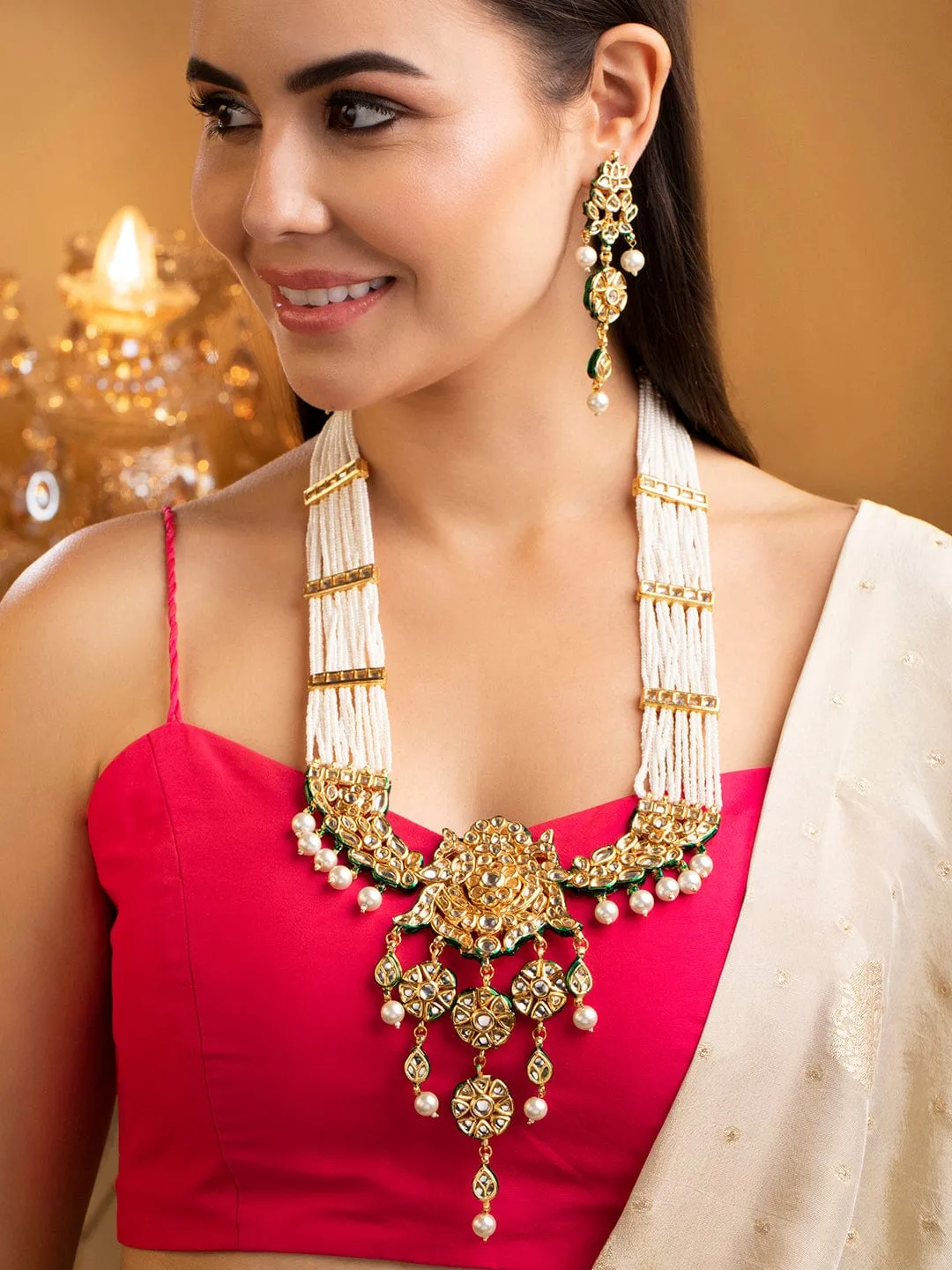 Rubans 24K Gold Plated Kundan Necklace Set With Layered Design