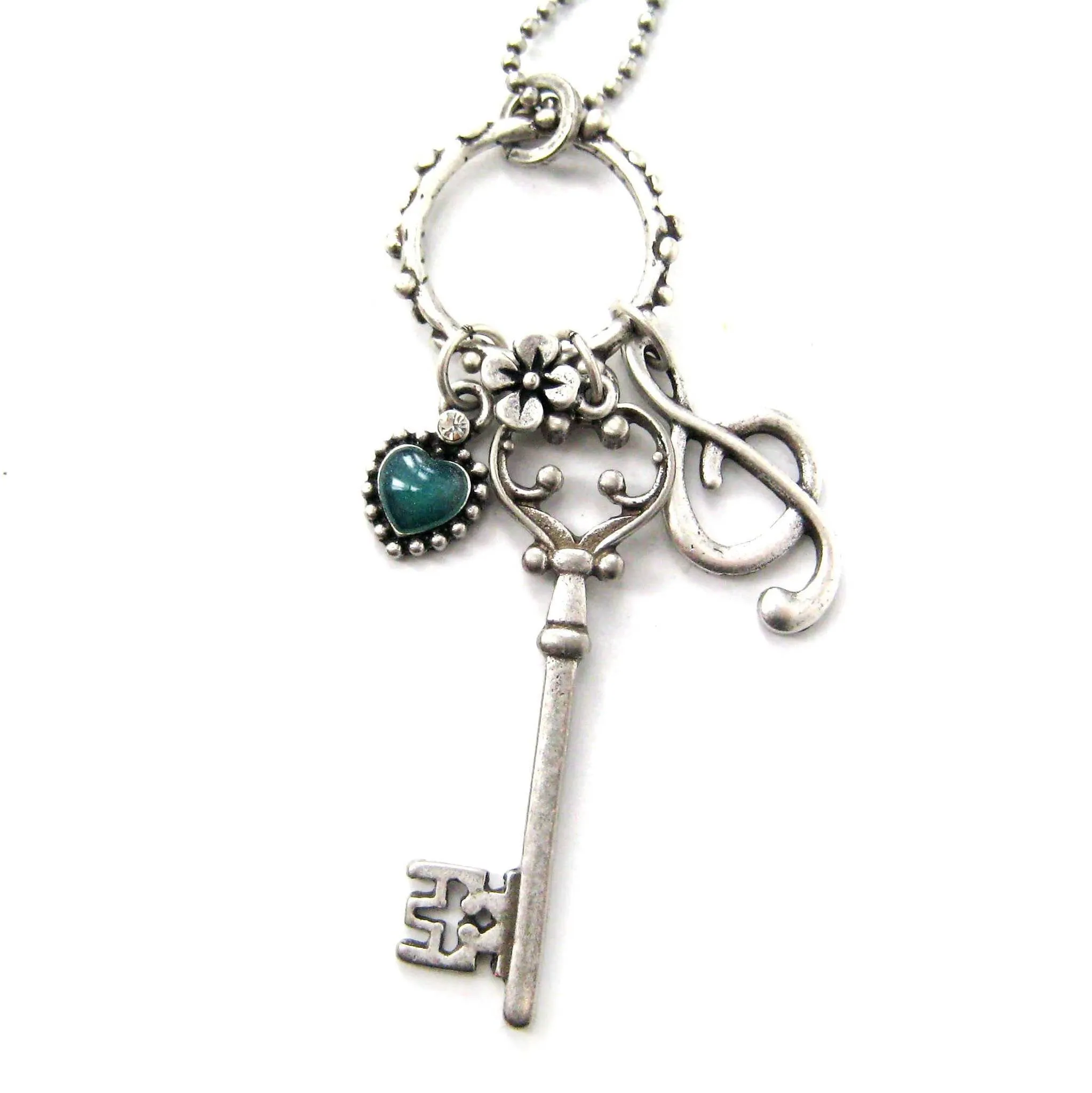 Skeleton Key Heart and Treble Clef Pendant Necklace in Silver DOTOLY