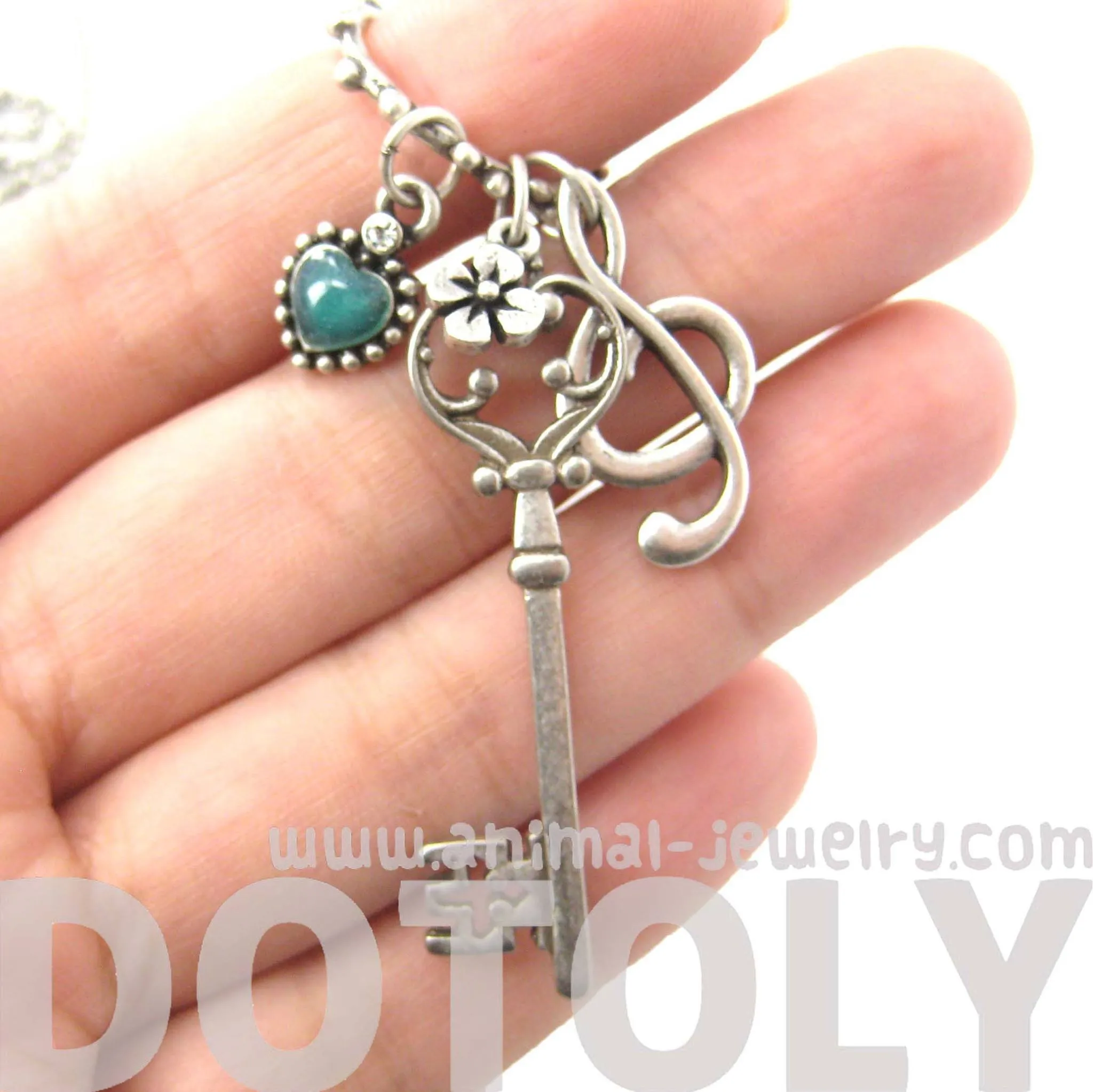 Skeleton Key Heart and Treble Clef Pendant Necklace in Silver DOTOLY