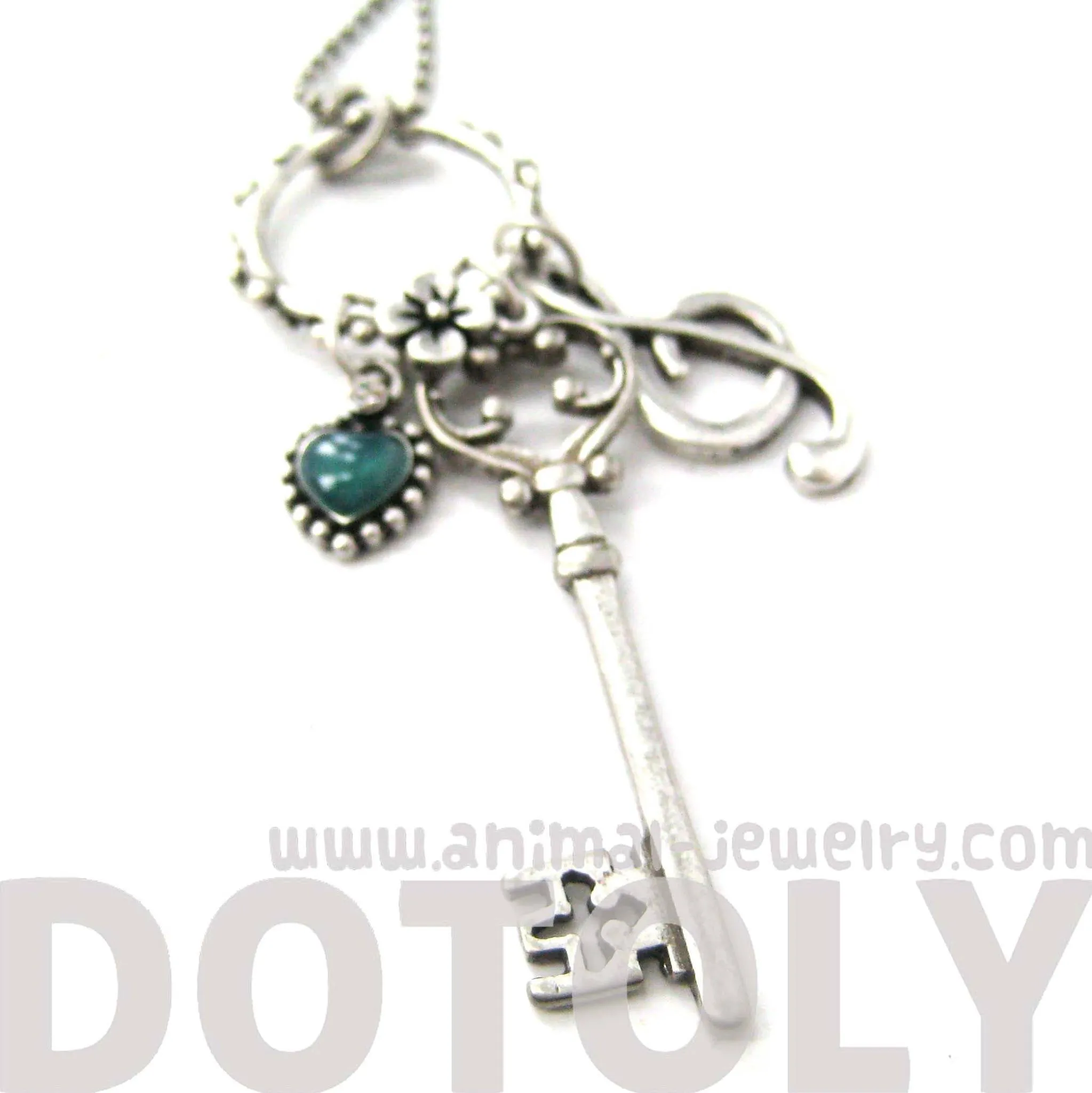 Skeleton Key Heart and Treble Clef Pendant Necklace in Silver DOTOLY