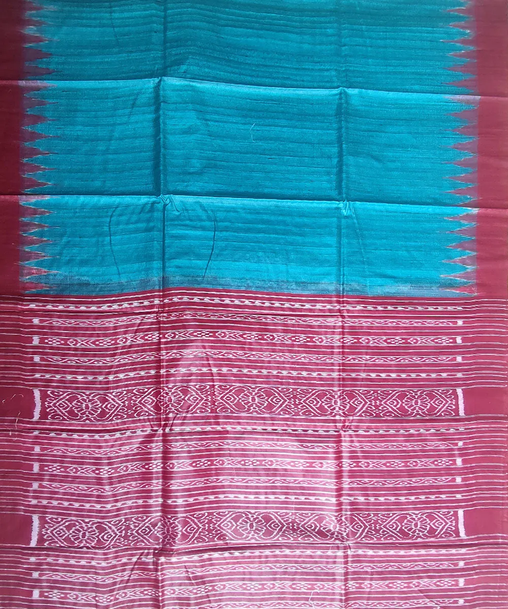 Sky blue red tussar silk handloom gopalpur saree