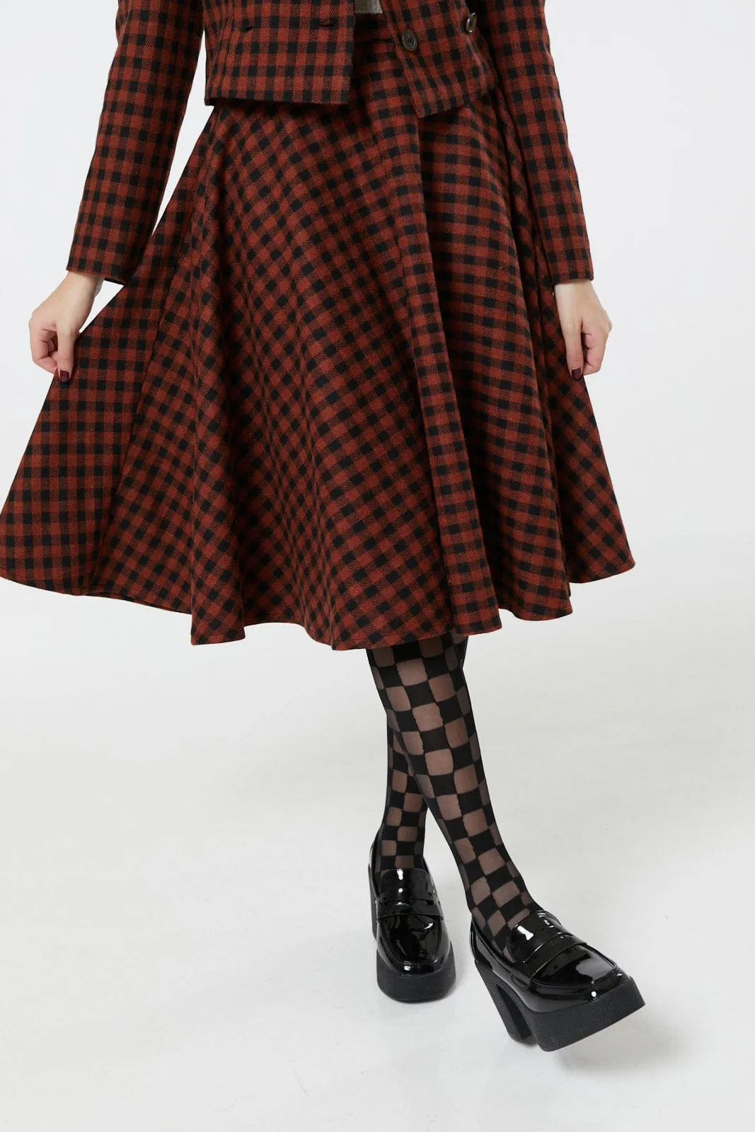 Sophie Copper and Black Check Tartan Midi Swing Skirt