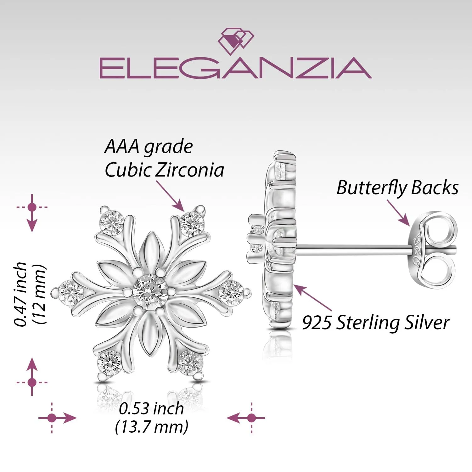 Sterling Silver Snowflake Earrings CZ Stud Earrings