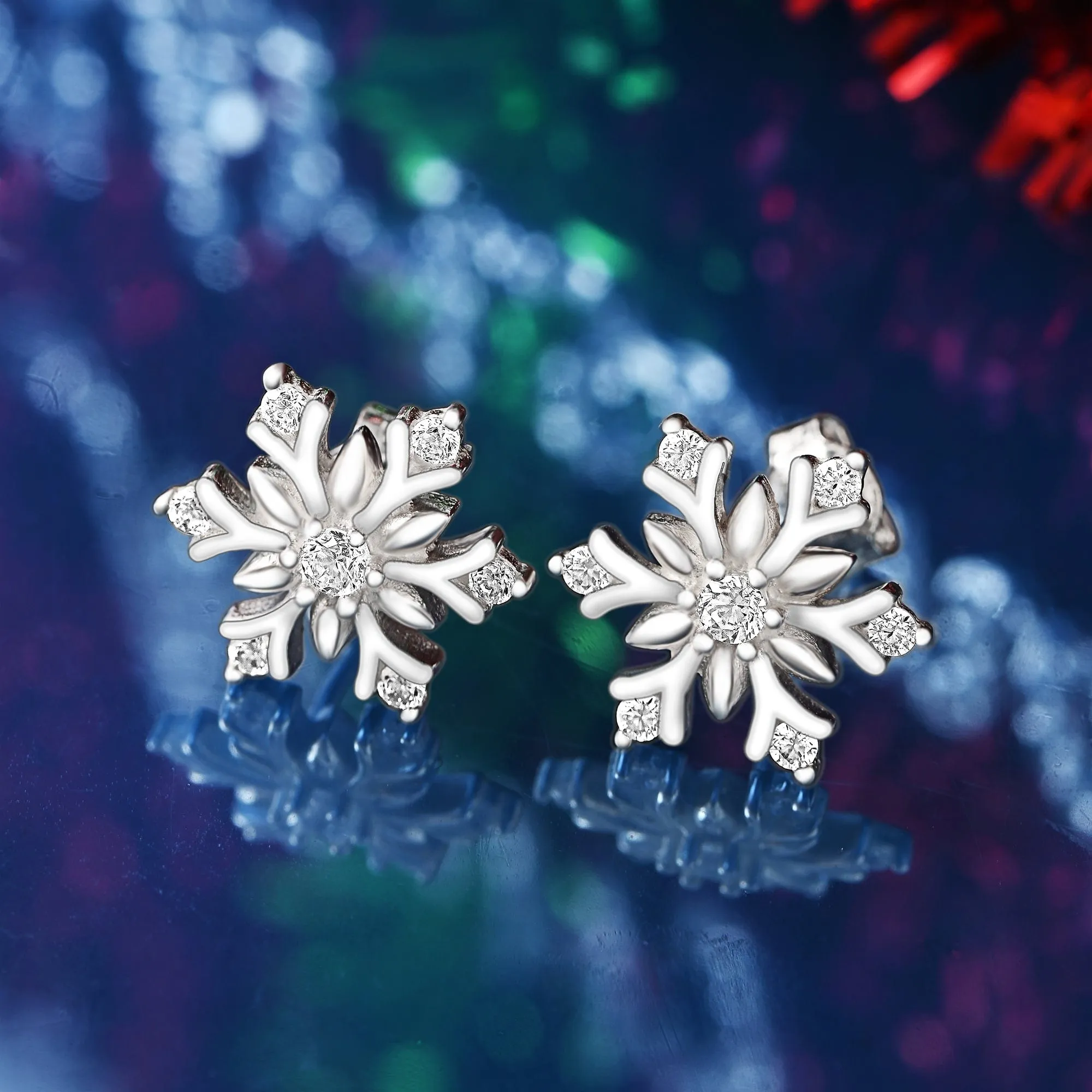 Sterling Silver Snowflake Earrings CZ Stud Earrings